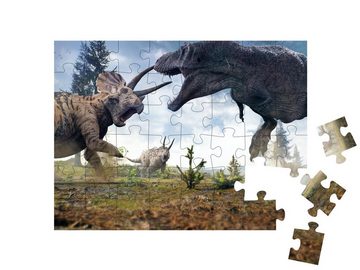 puzzleYOU Puzzle Tyrannosaurus Rex gegen eine Triceratops-Herde, 48 Puzzleteile, puzzleYOU-Kollektionen Dinosaurier, Tiere aus Fantasy & Urzeit