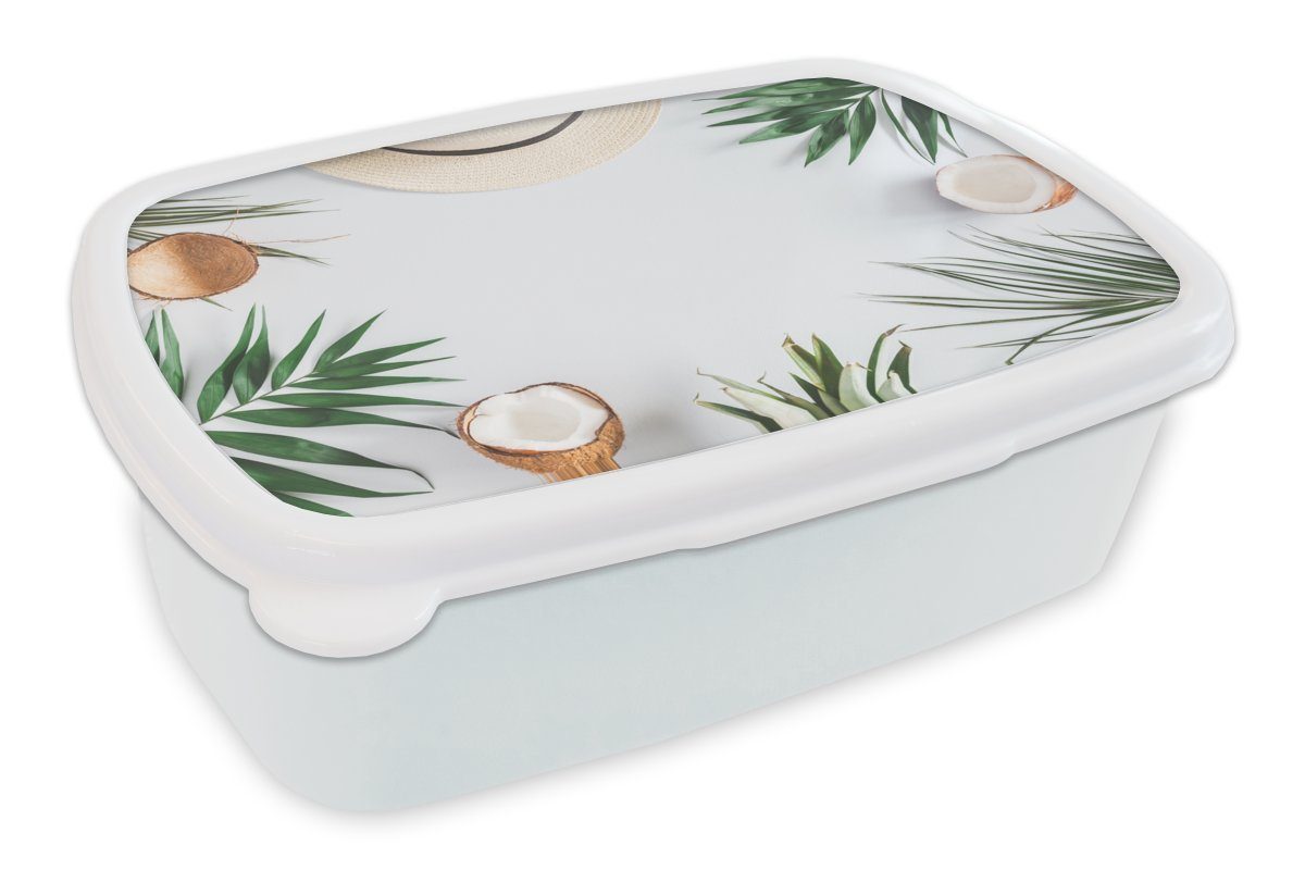 MuchoWow Lunchbox Palmen - Sommer - Kokosnüsse, Kunststoff, (2-tlg), Brotbox für Kinder und Erwachsene, Brotdose, für Jungs und Mädchen weiß