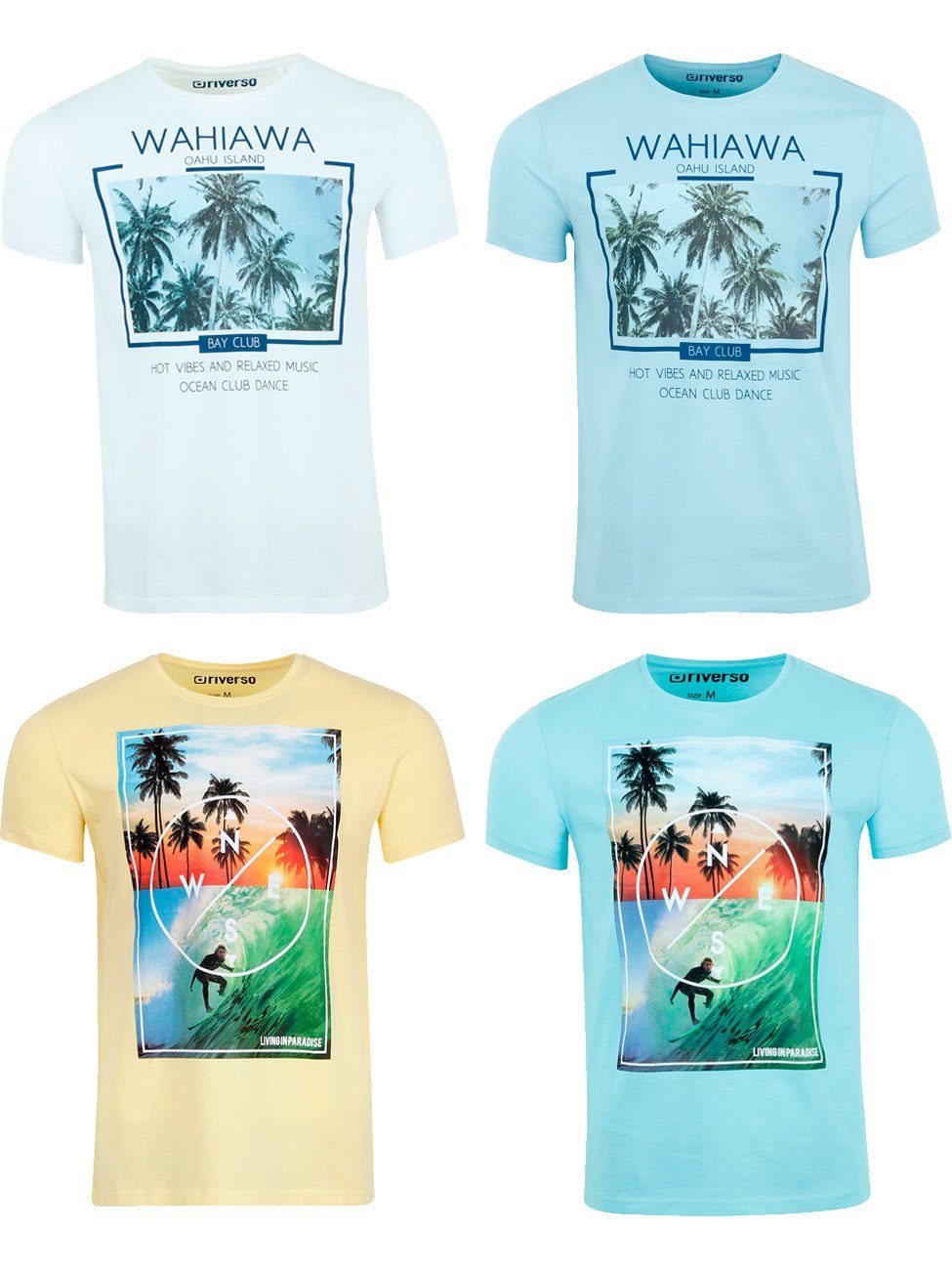riverso T-Shirt Herren Printshirt RIVLukas 4er Pack Regular Fit (Vorteilspack, 4-tlg) Kurzarm Tee Shirt mit Rundhalsausschnitt aus 100% Baumwolle
