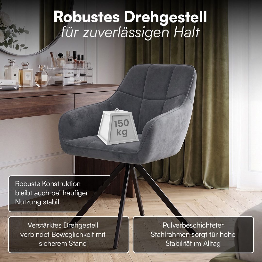 skølm Esszimmerstuhl Sköll Drehstuhl mit Samt-Bezug (2er Set, dunkelgrau, bis 150 kg), Küchenstuhl, höhenverstellbar & drehbar, verfügbar als 4er/6er Set – Bild 3 von 5