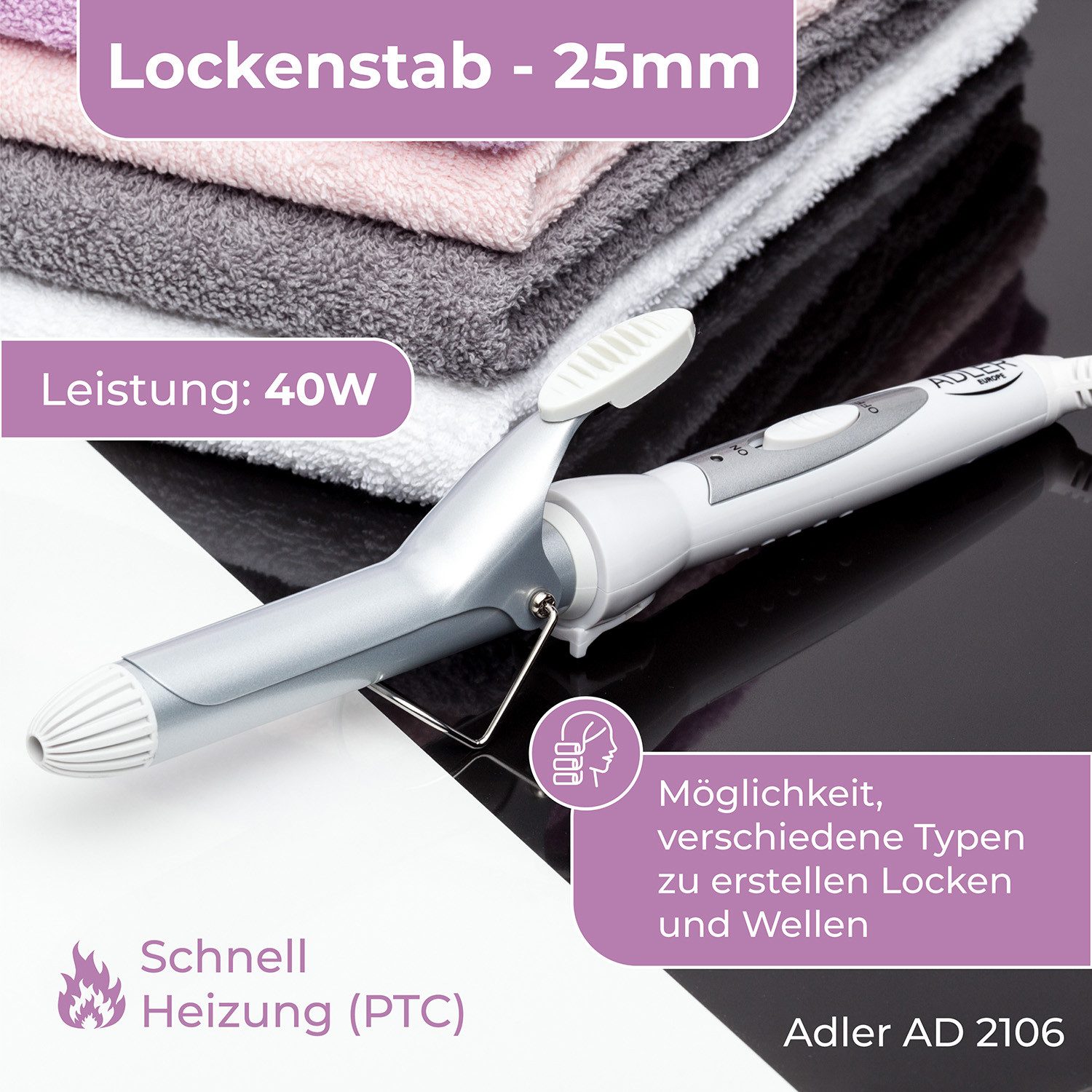 Adler Lockenstab Adler AD 2106 Lockenstab D 25mm, Keramikbeschichtung, weiß/silber 40W