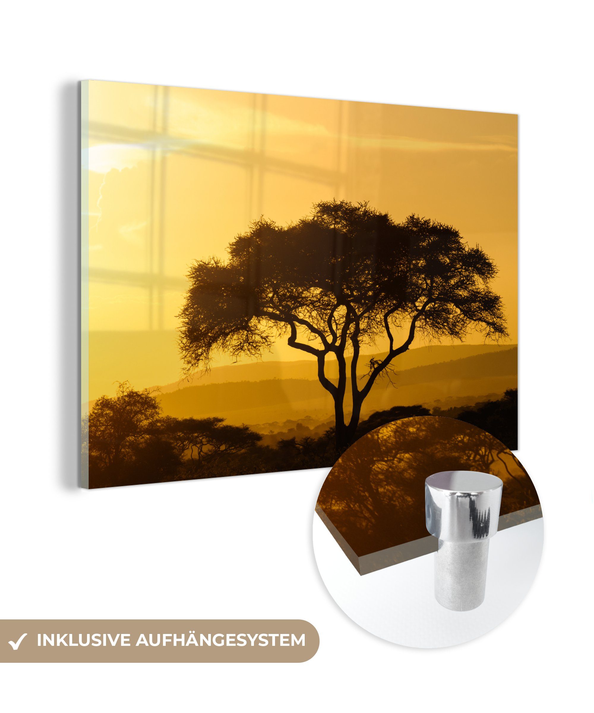 MuchoWow Acrylglasbild Gelber Himmel über dem Serengeti-Nationalpark in Tansania, (1 St), Acrylglasbilder Wohnzimmer & Schlafzimmer | Bilder