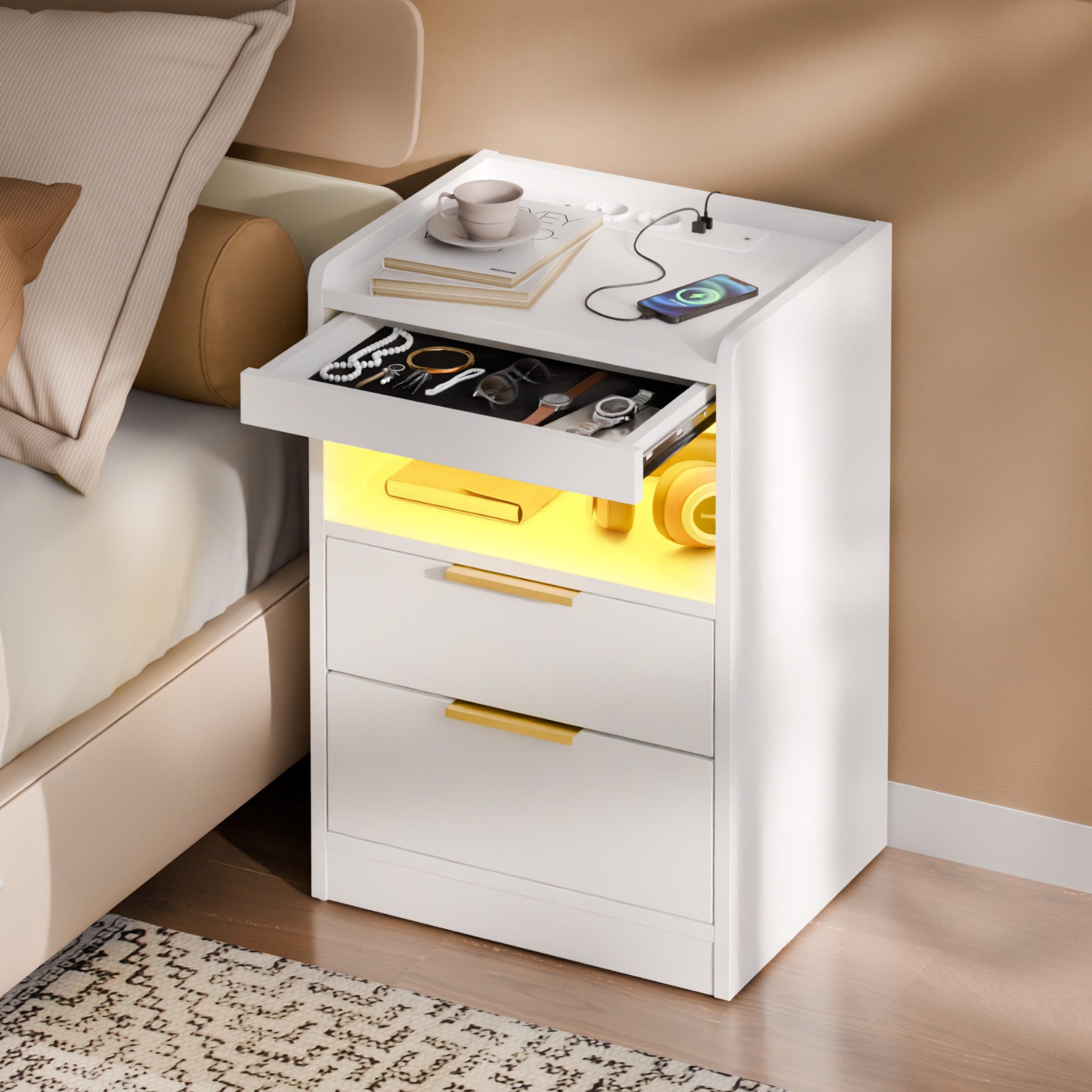 Mondeer Nachttisch LED Nachtkommode (Packung, Beistelltisch mit Steckdosen) günstig online kaufen