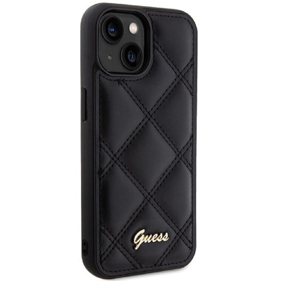 Guess Handyhülle Case iPhone 15 Kunstleder schwarz mit Logo goldfarben 6,1 Zoll, Kantenschutz – Bild 4 von 5