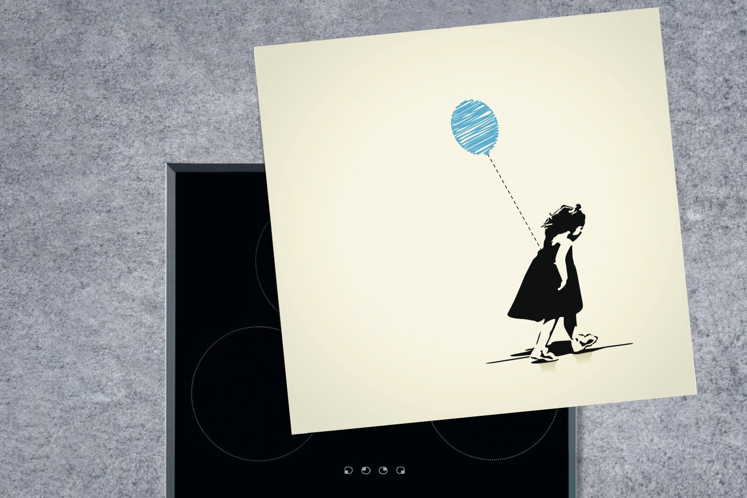 Luftballon, blauen MuchoWow Herdblende-/Abdeckplatte tlg), Illustration mit eines für cm, (1 Kindheit Vinyl, Mädchens küche 78x78 einem Ceranfeldabdeckung, Arbeitsplatte
