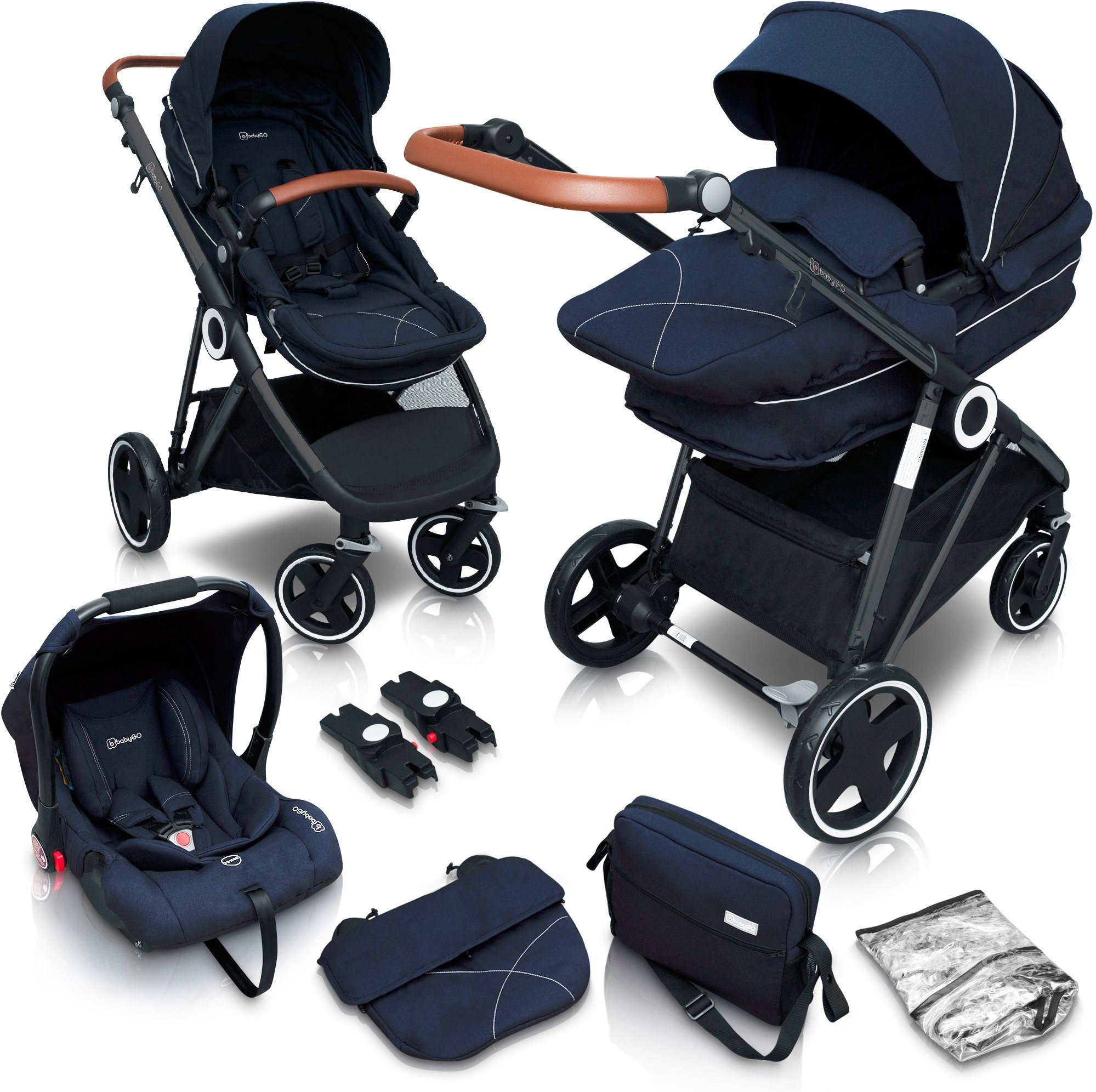 BabyGo Kombi-Kinderwagen Halime 3in1, Blue Black, inklusive Babywanne, Babyschale, Regenhaube & Wickeltasche