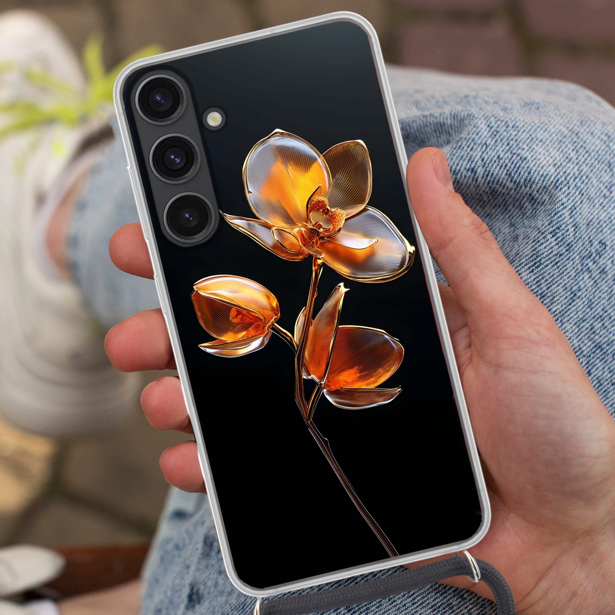 MuchoWow Handyhülle für Samsung Galaxy S24 Plus Blume - Orchidee - Orange, Tragbare Handyhüllen mit Kette zum umhängen, Handykette Handyband