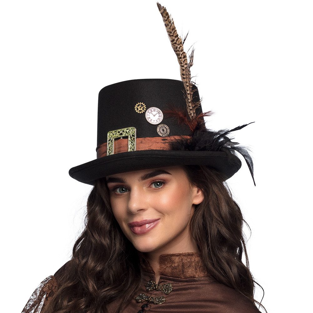 Boland Kostüm Steampunk Hut Plumepunk schwarz mit Feder Zylinder Karneval Cosplay, Detailreiche Verzierung mit Zahnrädern, Federschmuck, Schnallen