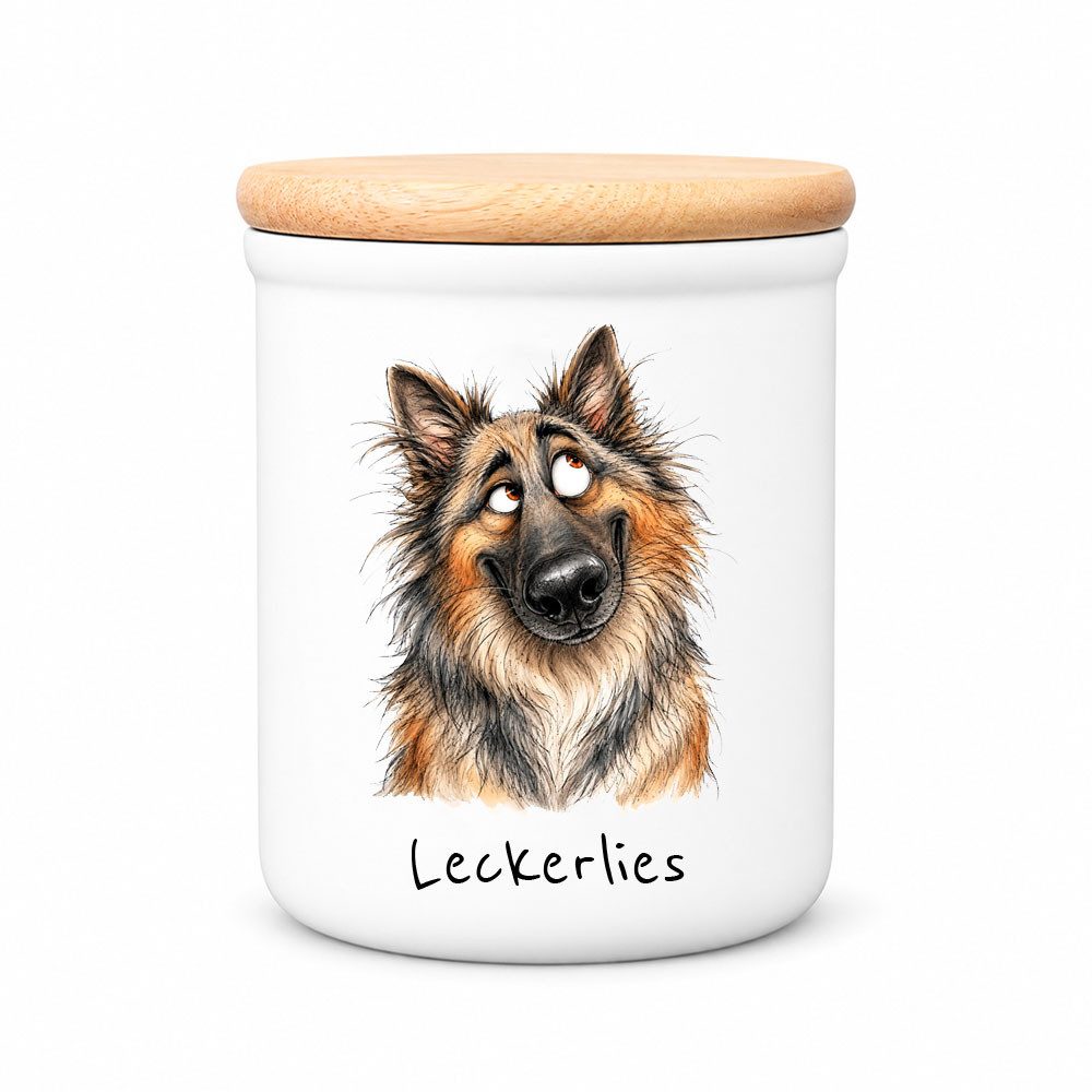 Cadouri Vorratsdose EURASIER - Leckerlidose Hund - für Hundekekse, Keramik, (Leckerlidose mit Hunderasse, 2-tlg., 1x Keramikdose mit Holzdeckel), Hundekeksdose, handgefertigt in Deutschland, für Hundebesitzer, 400 ml