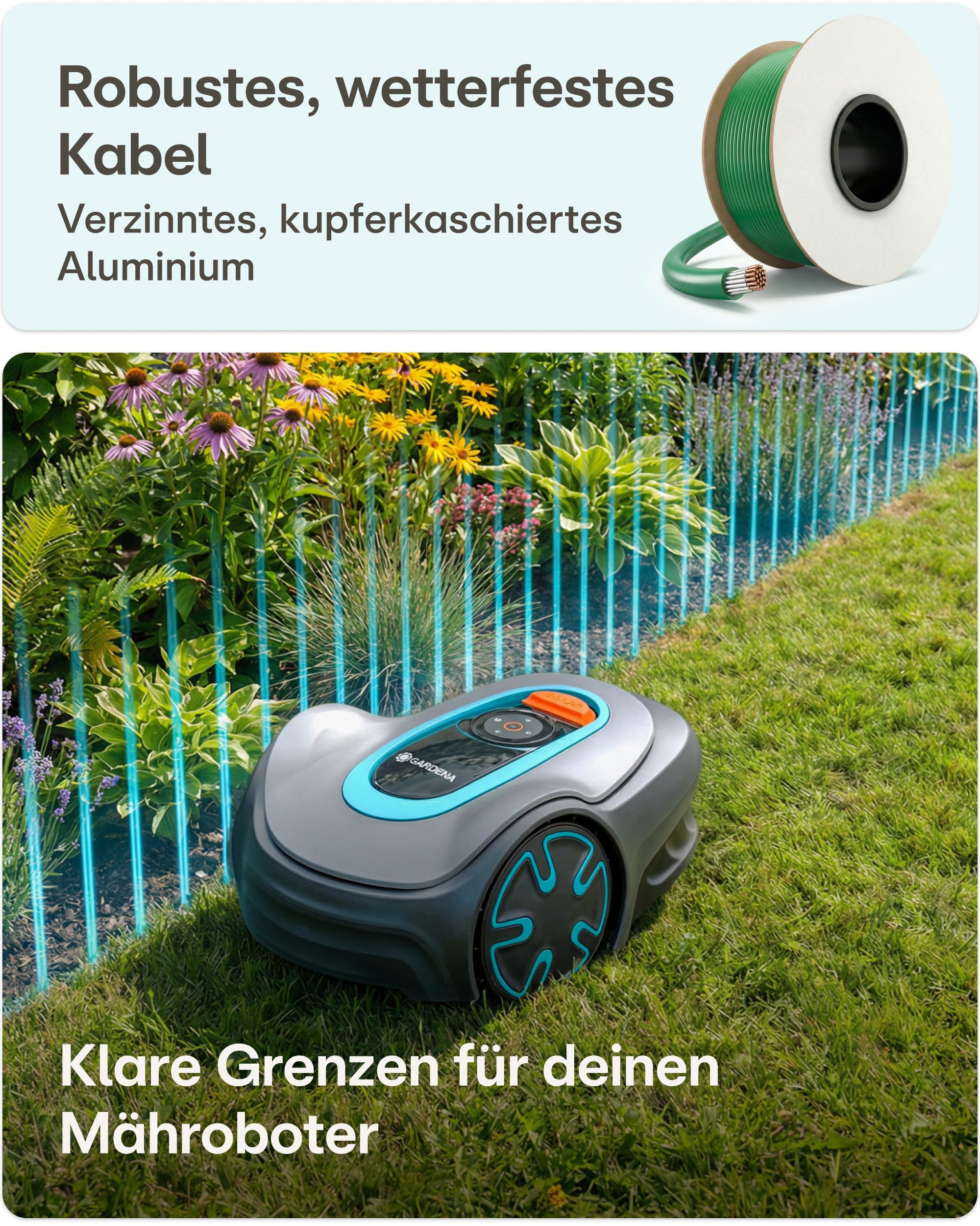 Praknu Rasenmähroboter Begrenzungskabel Mähroboter Set – Draht Erdnägel Verbinder Universal, (Komplettset, 150m Kabel, 150 Erdnägel, 10 Gel- & 10 Standardverbinder)