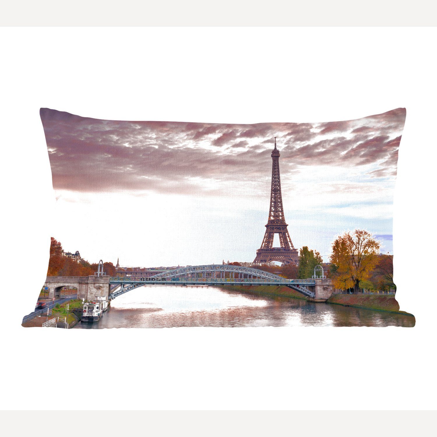 MuchoWow Dekokissen Ein wunderschöner orangefarbener Himmel über dem Eiffelturm in Paris, Wohzimmer Dekoration, Zierkissen, Dekokissen mit Füllung, Schlafzimmer