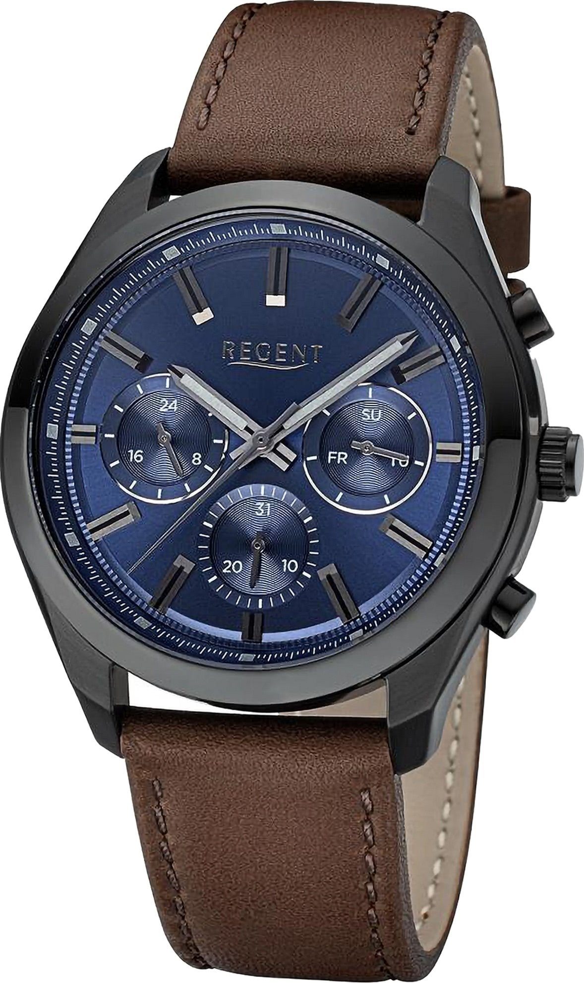 Regent Quarzuhr Regent Herren Armbanduhr Analog, Herren Armbanduhr rund,  extra groß (ca. 44mm), Lederarmband, Uhrzeit