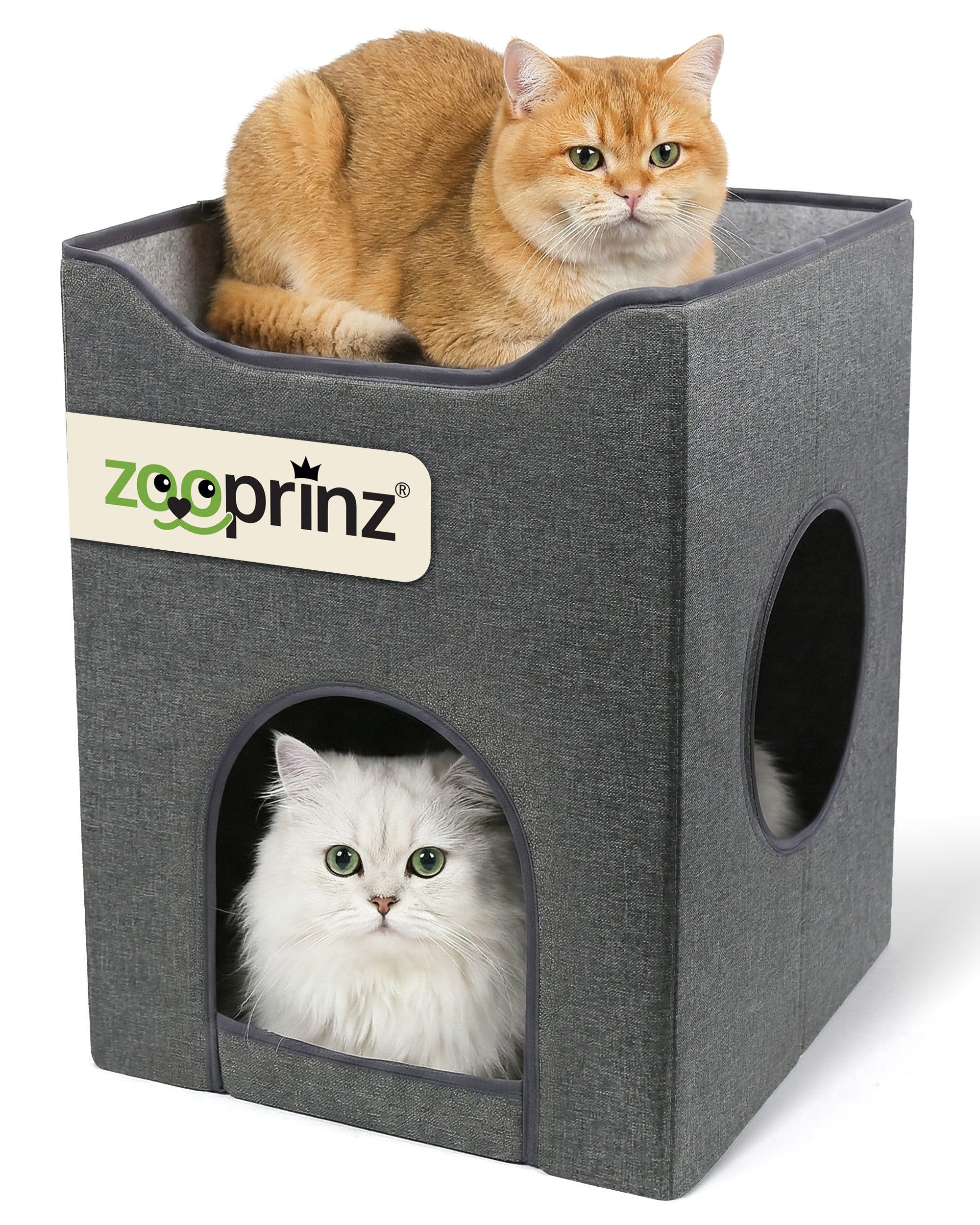 Zooprinz Katzenhaus Katzenhöhle Nala,Wendekissen, faltbar, zweistöckig, 36 × 36 × 46,5 cm, Anti-Rutsch-Boden, Leinenstoff, Grau
