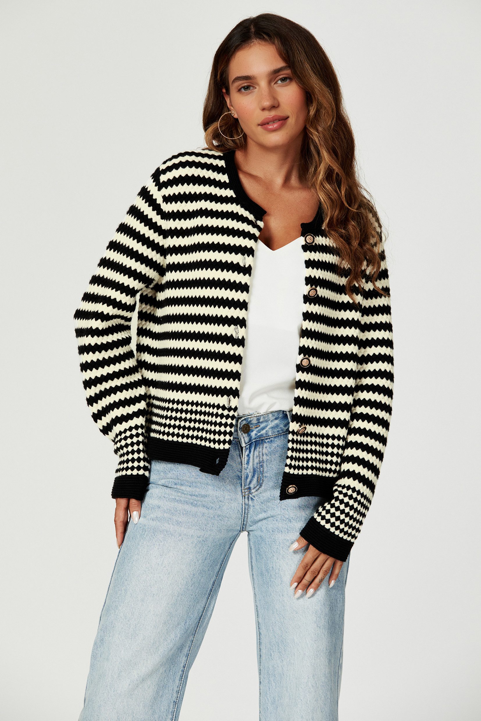 FS Collection Cardigan Damen Strickjacke Cardigan Schwarz-Weiß mit Geomuste günstig online kaufen