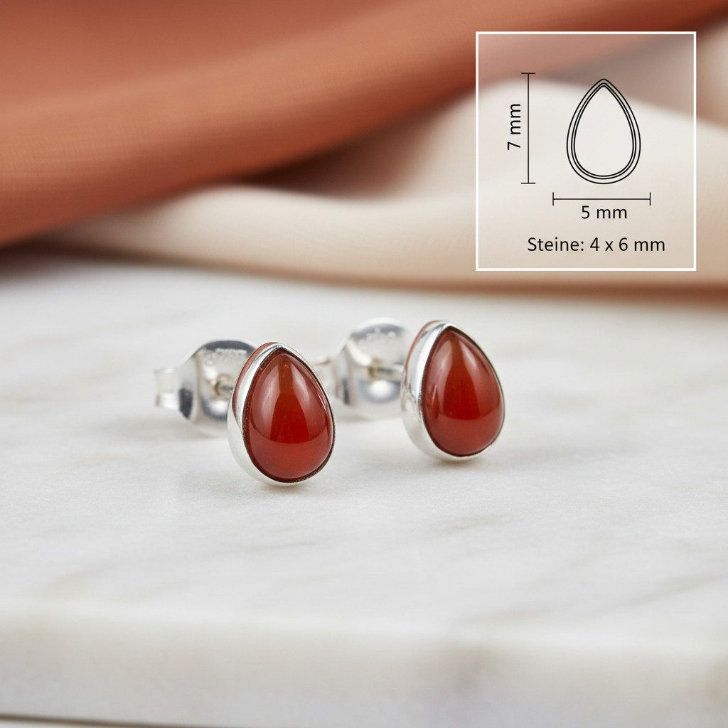 mantraroma Paar Ohrstecker SAMA Tropfen aus 925 Silber mit Karneol (Paar, Paar Ohrringe mit Schmuckbeutel), 925 Sterling Silber Ohrringe für Damen
