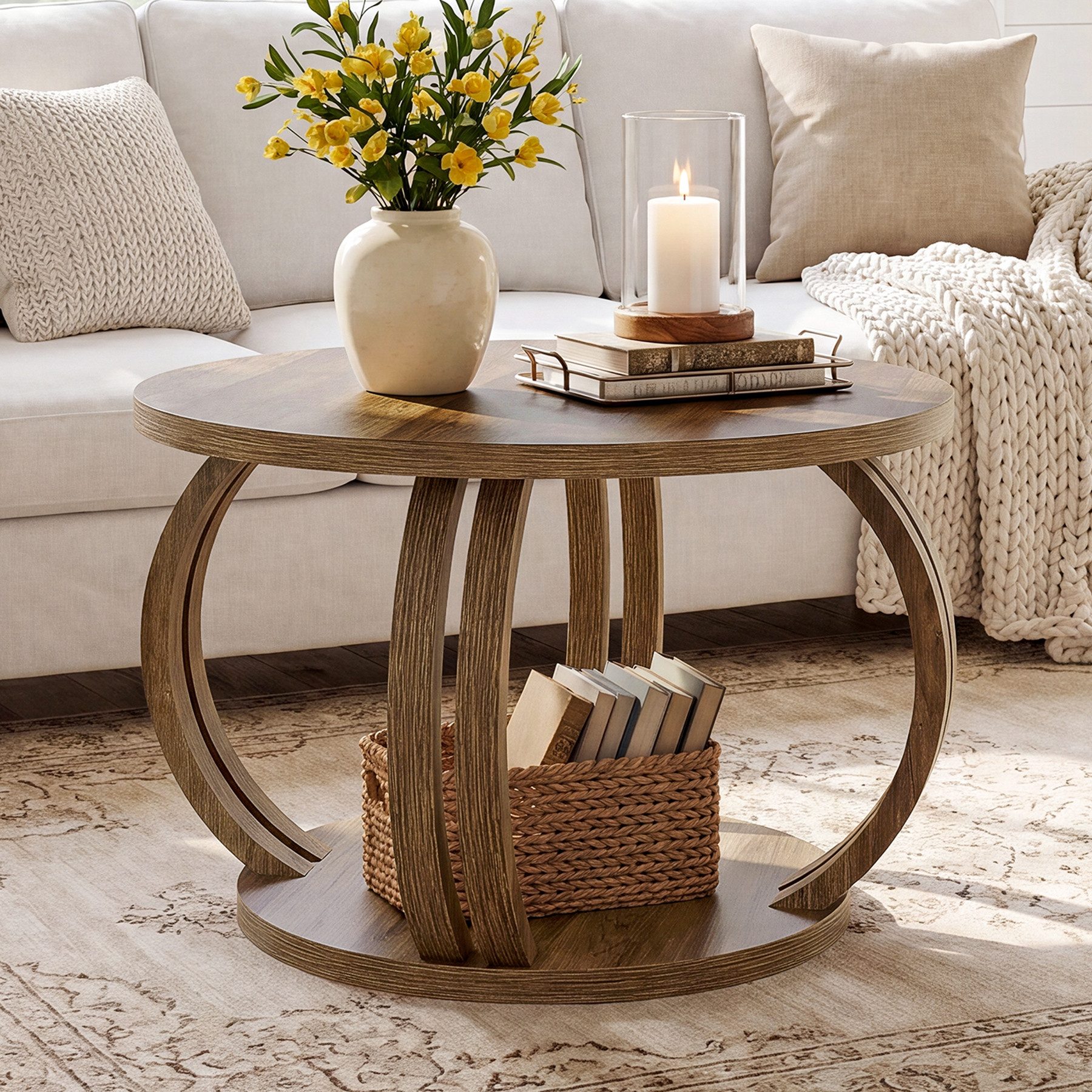 Tribesigns Couchtisch 80 cm Runder Couchtisch mit Stauraum, Wohnzimmertisch mit 2 Ebenen Ablage
