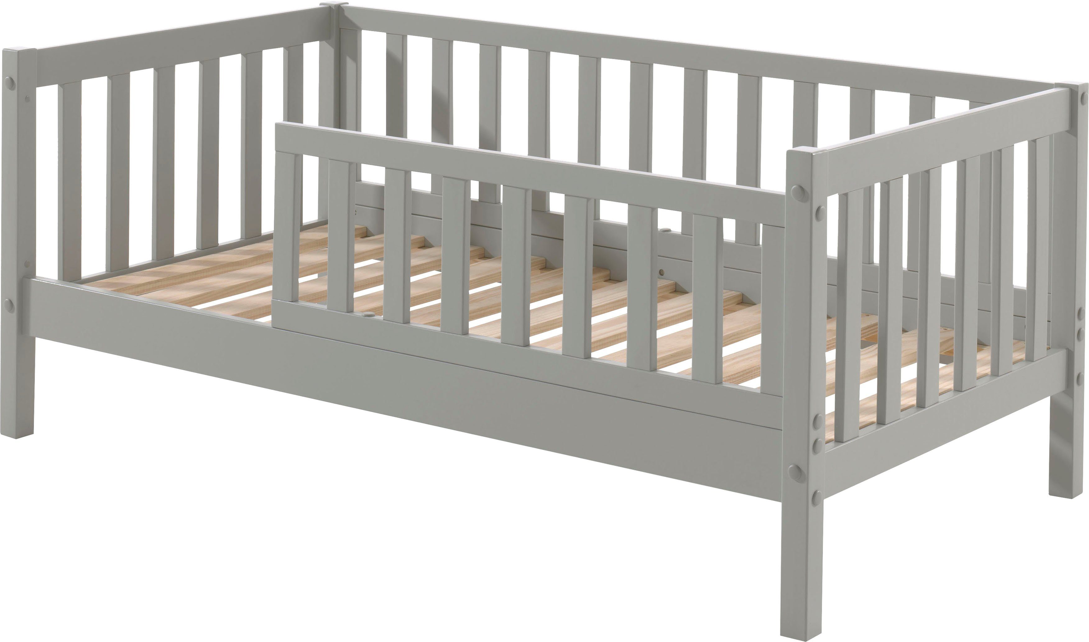 Vipack Kinderbett Junior, Kiefermassiv mit umlaufenden Sprossengitter und Rolllattenrost (B/H/T ca. 148x60x76cm, mit niedrigem Betteinstieg), wahlweise in 2 Farben, mit oder ohne Schublade