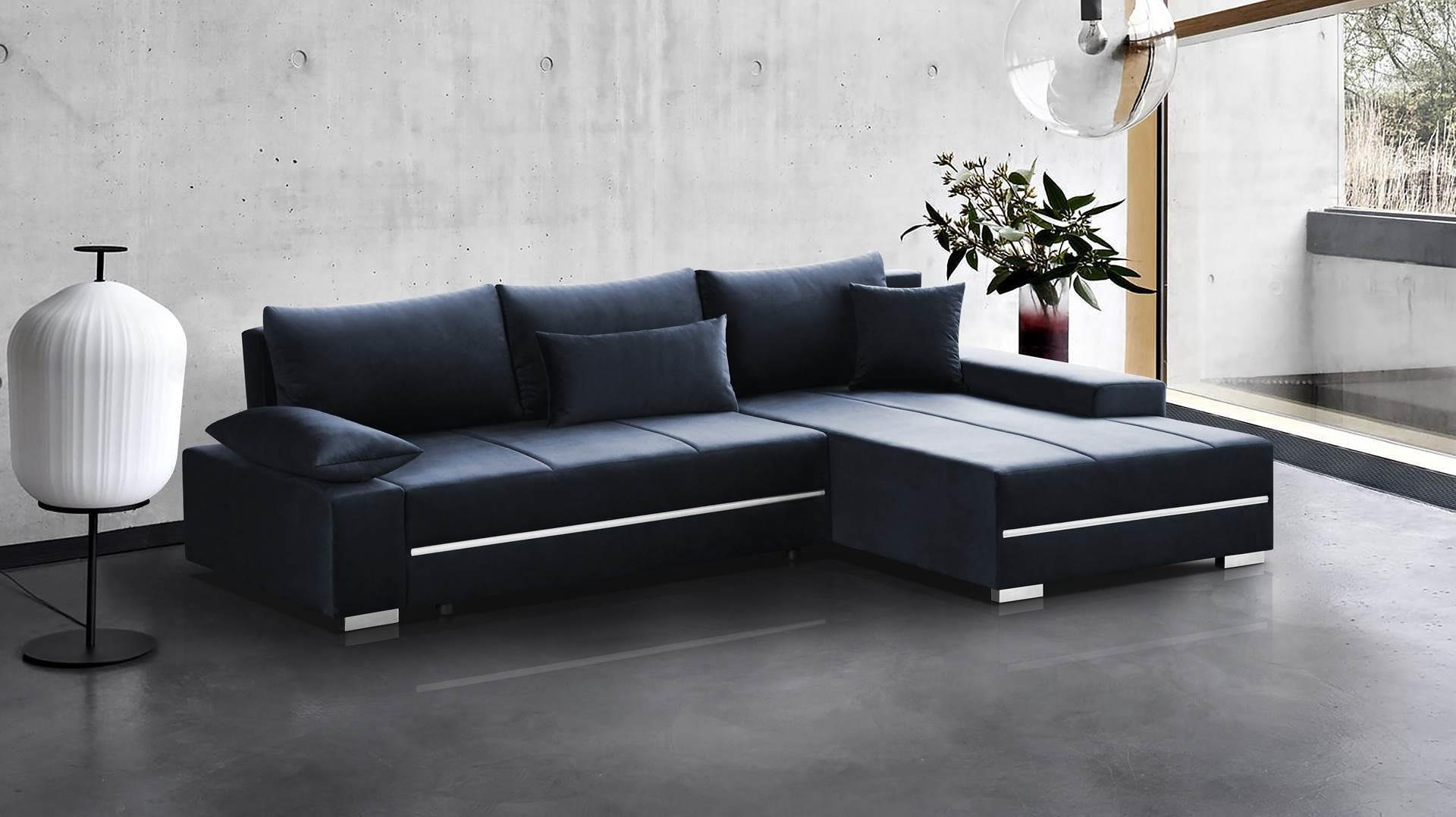 Beautysofa Ecksofa Aron, Eckcouch mit Schlaffunktion und Bettkasten,modernes LED Sofa, inklusive RGB-LED-Beleuchtung Marineblau (riviera 79) | Ecksofas