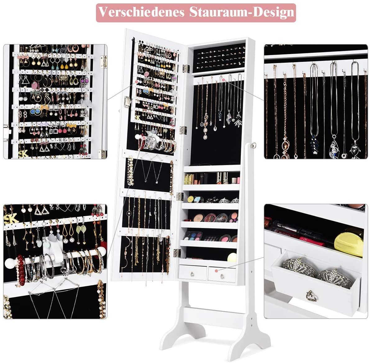 COSTWAY Schmuckschrank stehend, mit Spiegel&Schubladen, abschließbar