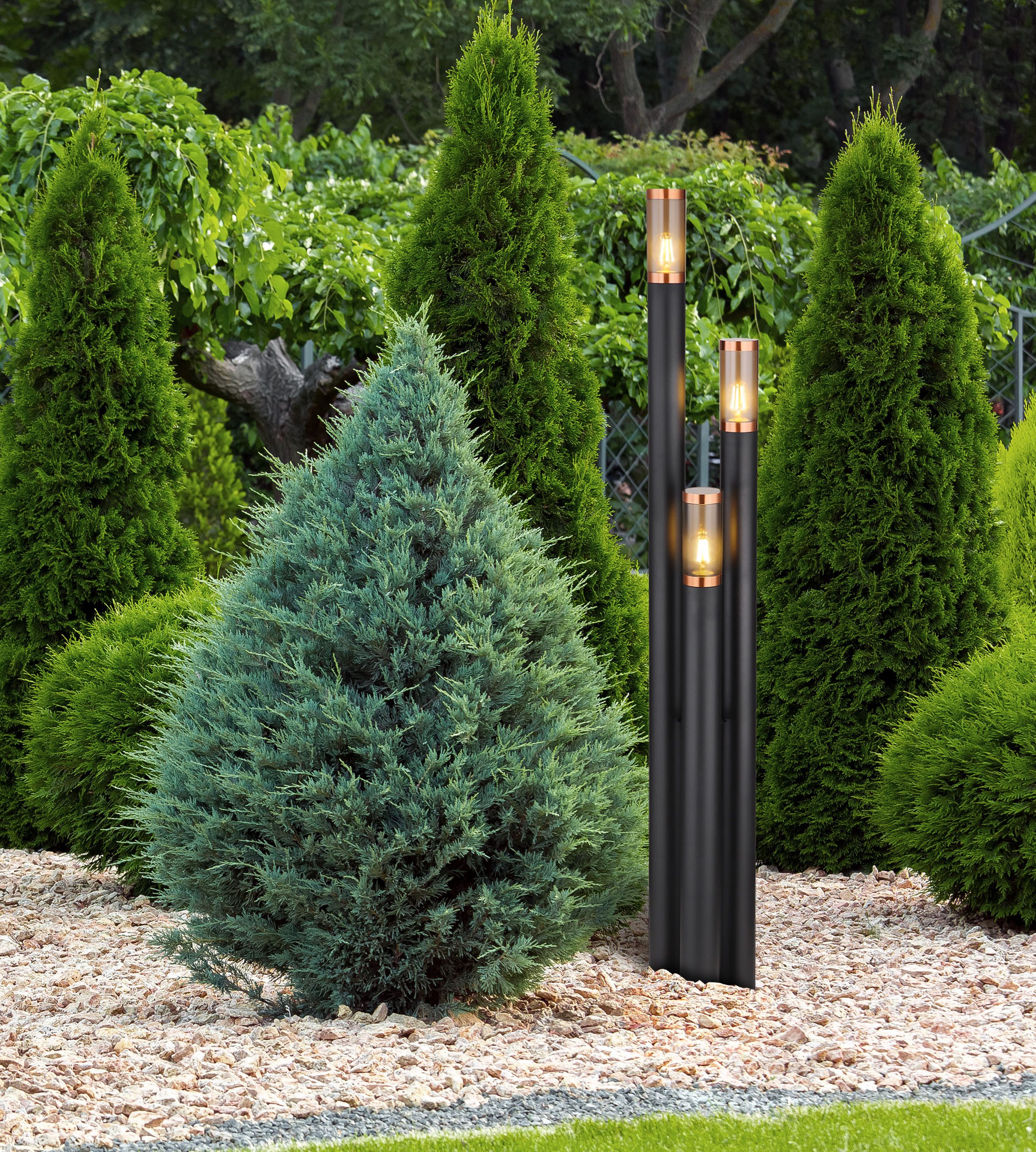 GLOBO LIGHTING Außen-Stehlampe BOSTON, ohne Leuchtmittel, Außenleuchte Edelstahl/Kupfer, 3 Zylinder, IP44, E27