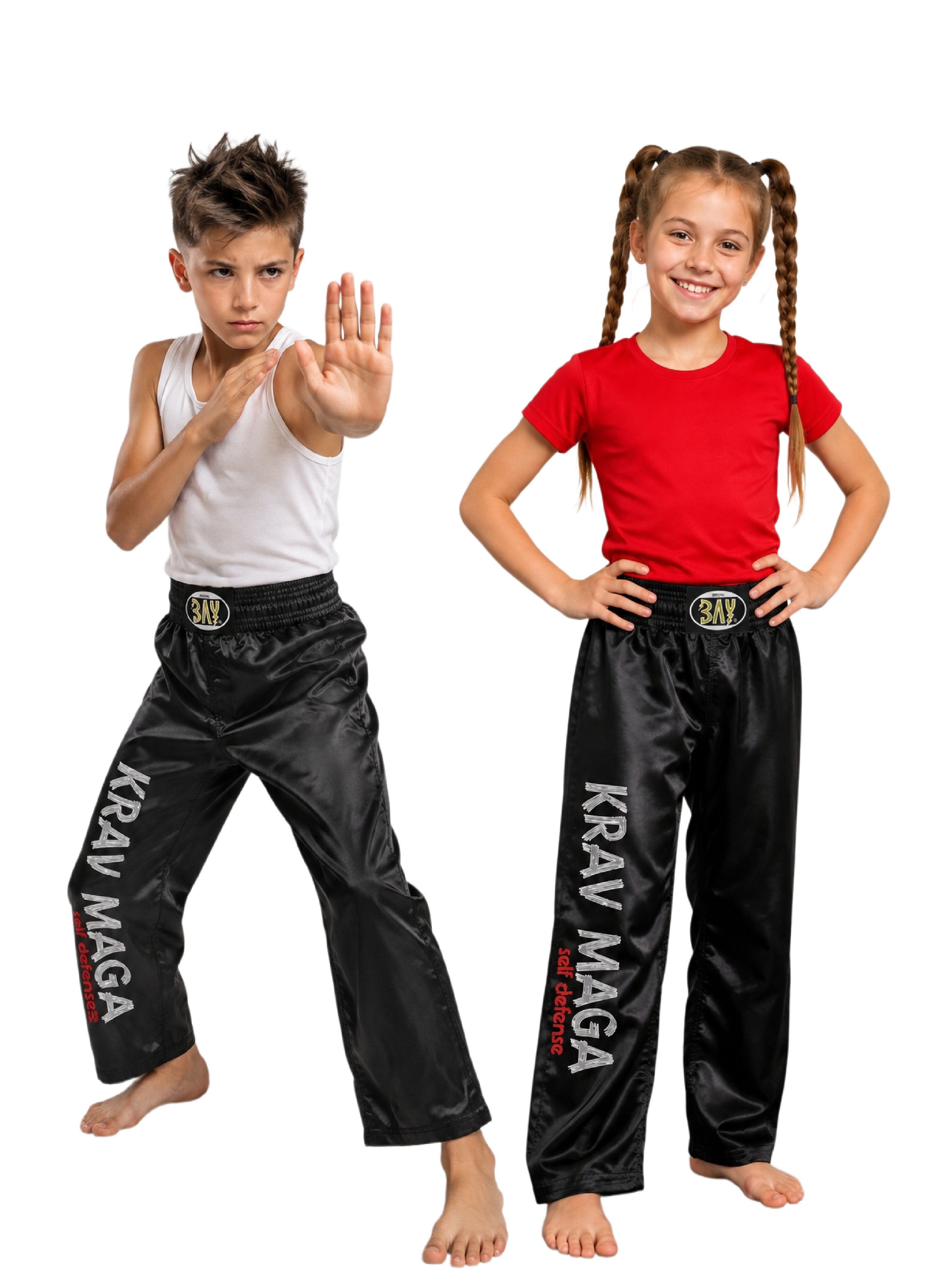 BAY-Sports Sporthose Kampfsporthose KRAV MAGA SATIN Hose lang Kampfsport lange, leichte, locker sitzende Trainingshose, Schwarz/Grau/Silber/Rot