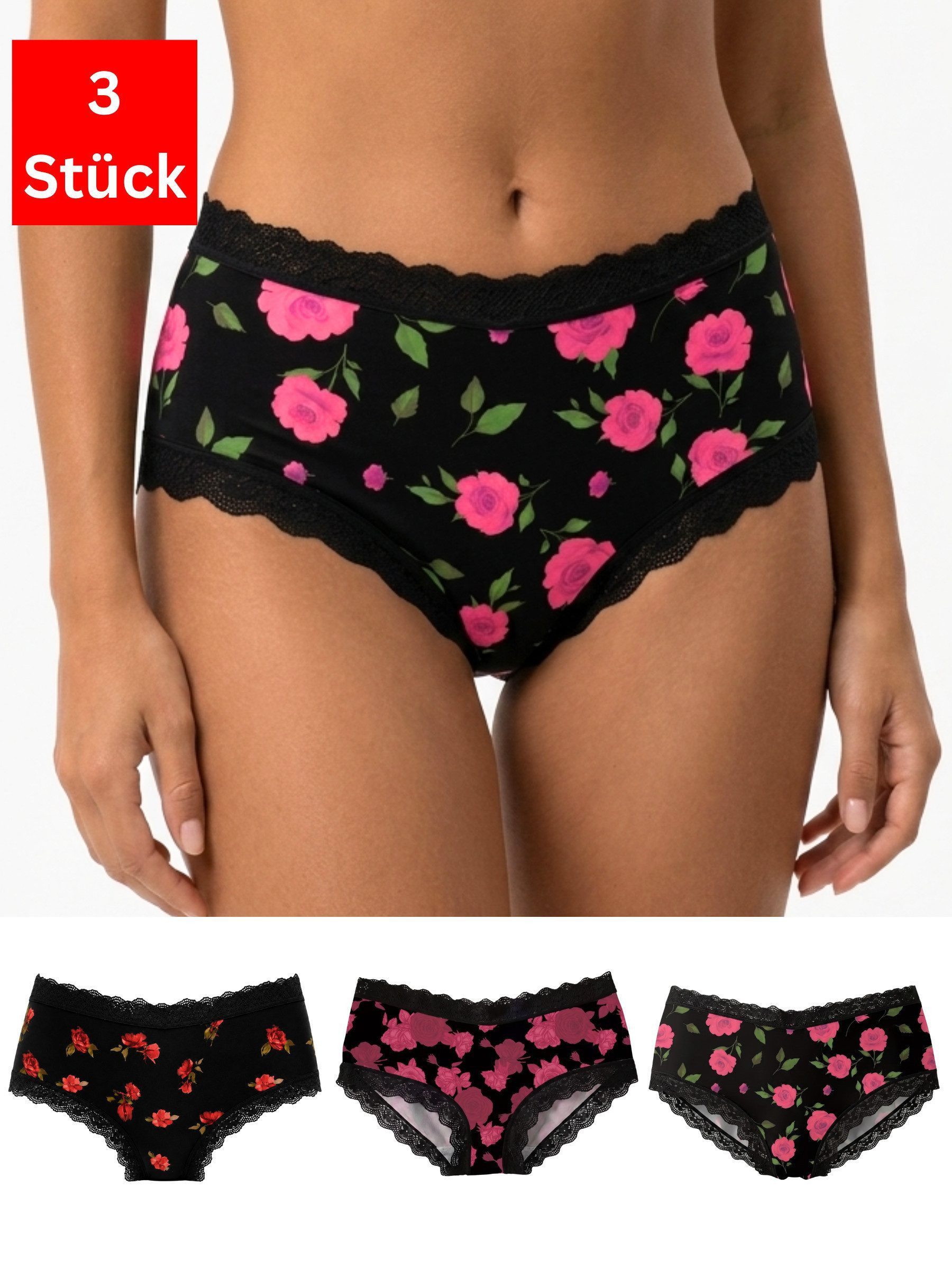 Elegant Love Slip Damen Panty mit Blumenprint und Spitzenbesatz, geblümte Unterhose (Packung, 3-St., 3er-Pack) Hipster Slip, Unterwäsche mit niedriger Taille und schwarzer Spitze
