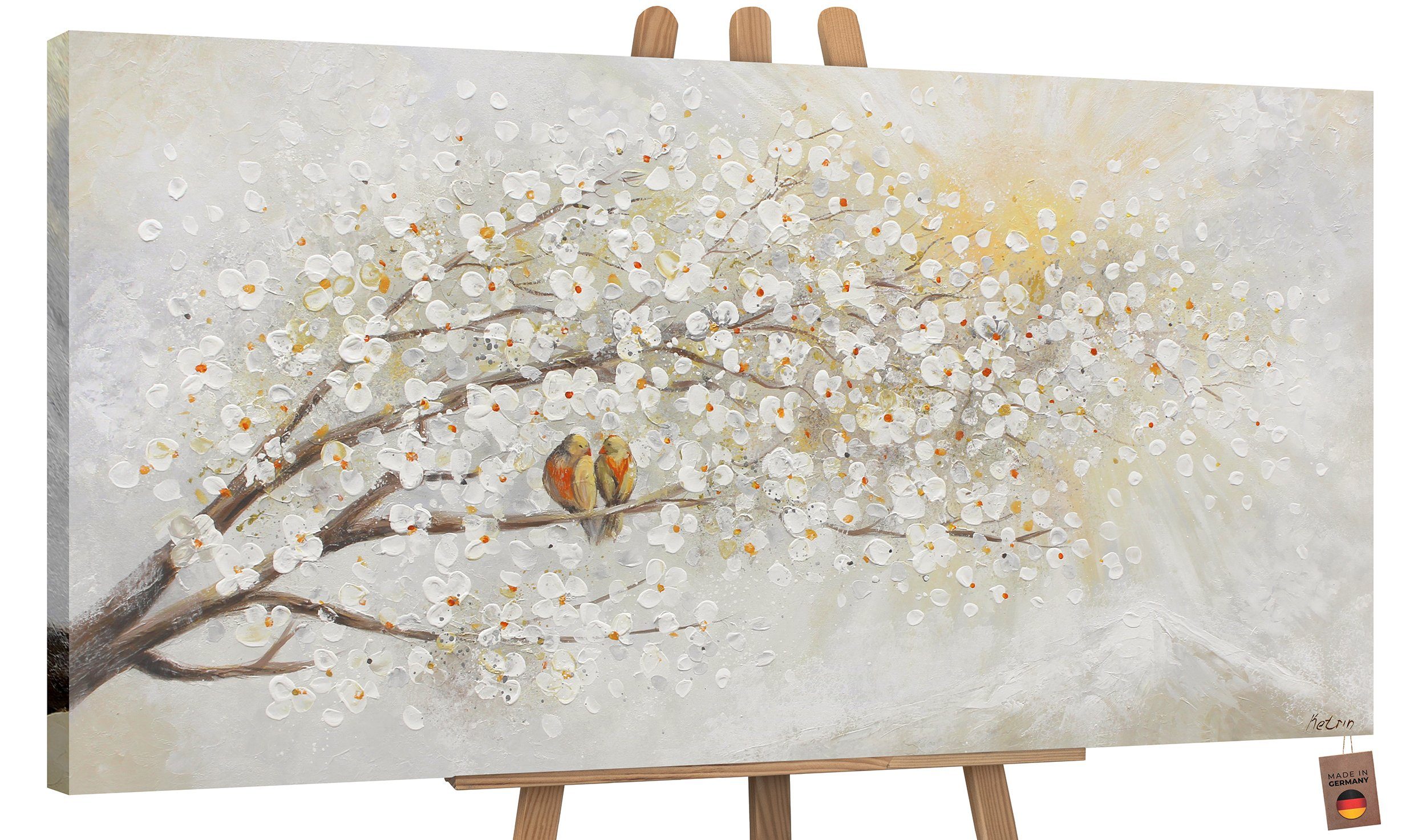 YS-Art Gemälde Sonnenaufgang, Natur, Leinwand Bild Handgemalt Zwei Vögel auf dem Baum Sonnenschein Ohne Schattenfugenrahmen