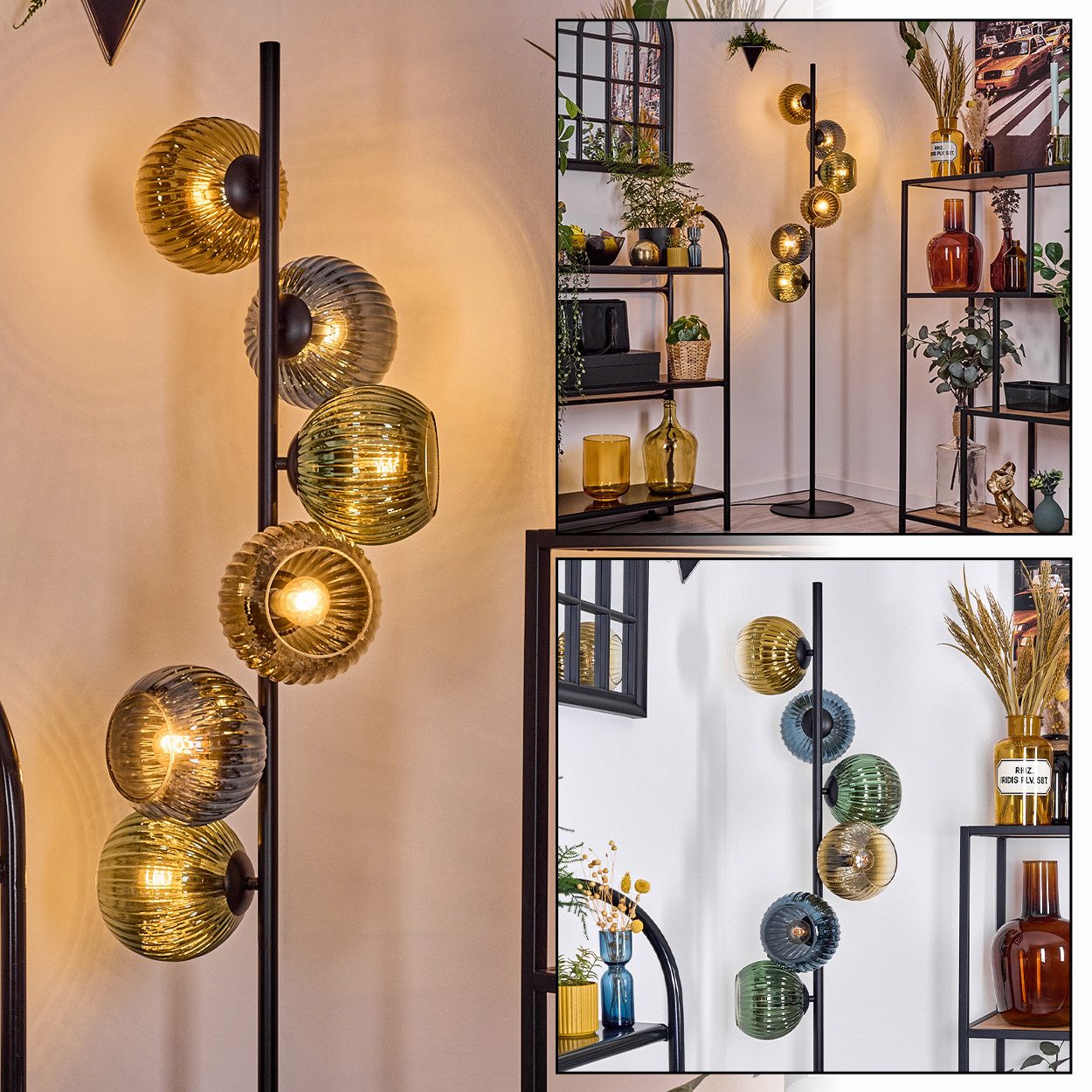Stehlampe Stehlampe aus Metall/Glas in Schwarz/Grün/Gold/Klar, Retro-Design