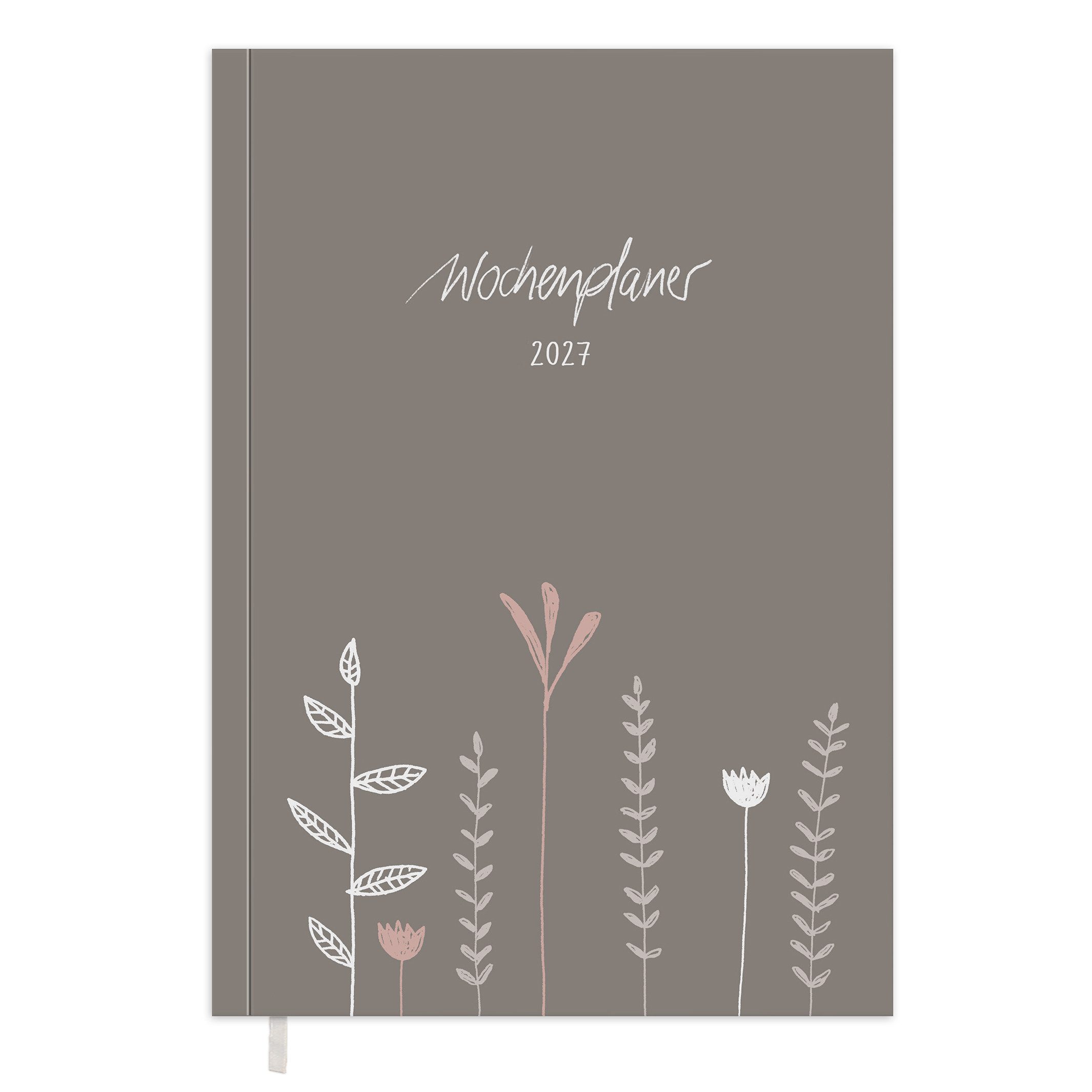 Eine der Guten Verlag Terminkalender Terminplaner 2027 - A5, grau rosa, 1 Doppelseite / Woche, 144 S. FSC-Papier, Softcover, klimaneutral