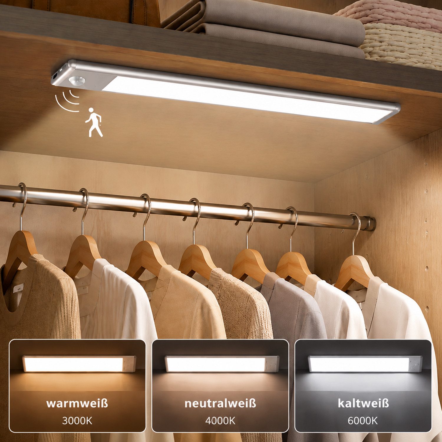 BOOD LED Unterbauleuchte mit Bewegungsmelder und Lichtsensor,20/30/40cm&1100/1800/2200mAh, USB-C wiederaufladbar,Einfach Montage Stark,schrankbeleuchtung, Warmweiß (3000 K), Neutralweiß (4000 K), Kaltweiß (6000 K), dimmbar,3 einstellbare Farben,mit Bewegungsmelder und Lichtsensor