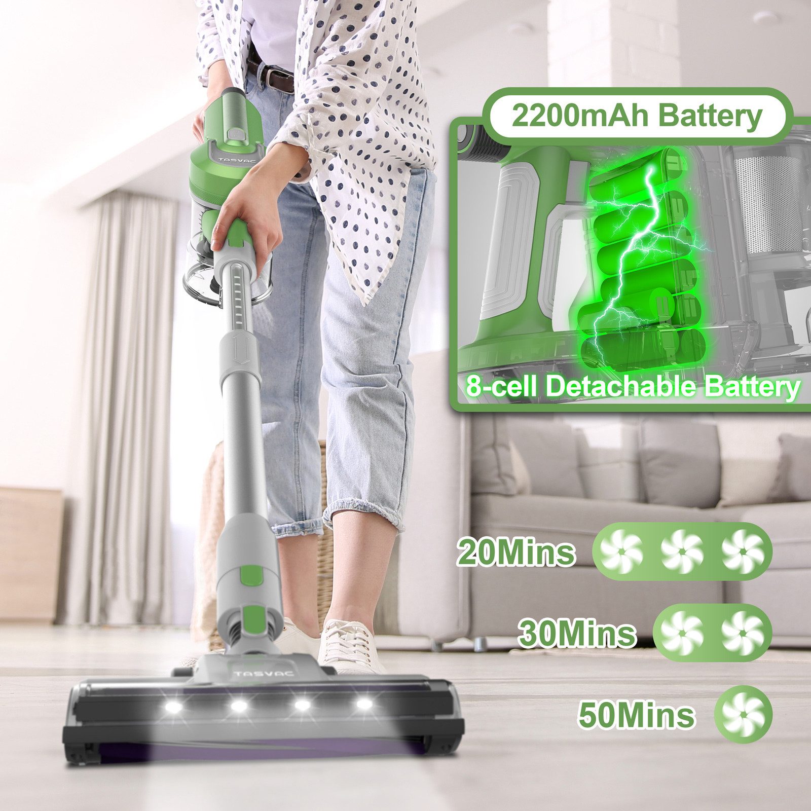 MIBODE Hand-und Stielstaubsauger TASVAC S8 GREEN Cordless Stick Vacuum, LED Display, Soft Roller Brush