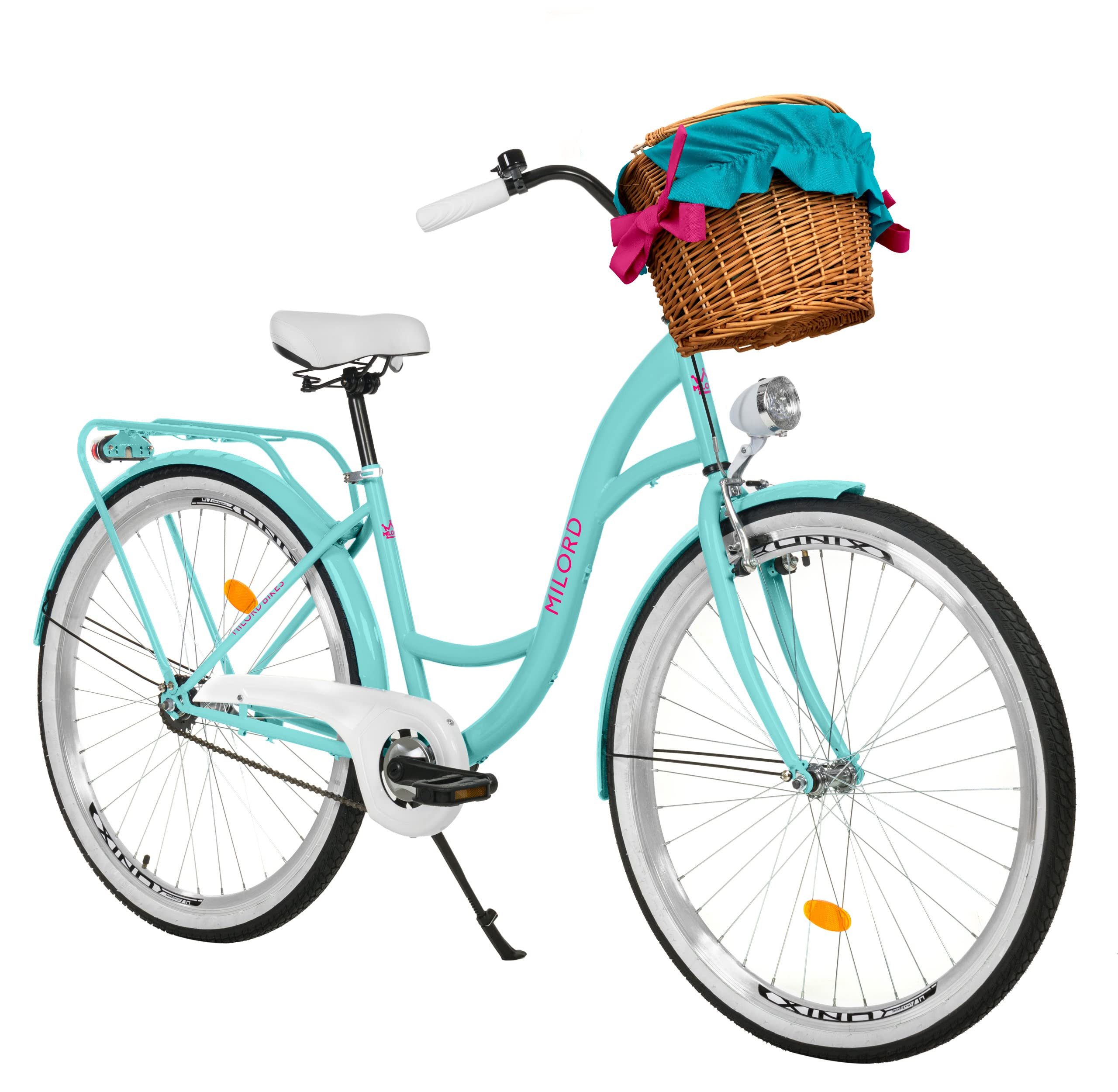 Milord Cityrad Milord City Fahrrad Weidenkorb Damenfahrrad, 28/26 Zoll, Blau, 1-Gang, 1 Gang, (Fahrradständer, Gepäckträger, Klingel, Korb, Kotflügel)