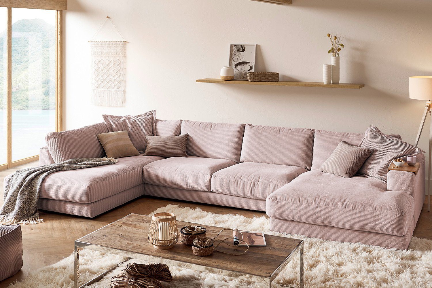 KAWOLA Sofa od. versch. rosa Longchair Wohnlandschaft Farben MADELINE, rechts links, Cord, U-Form