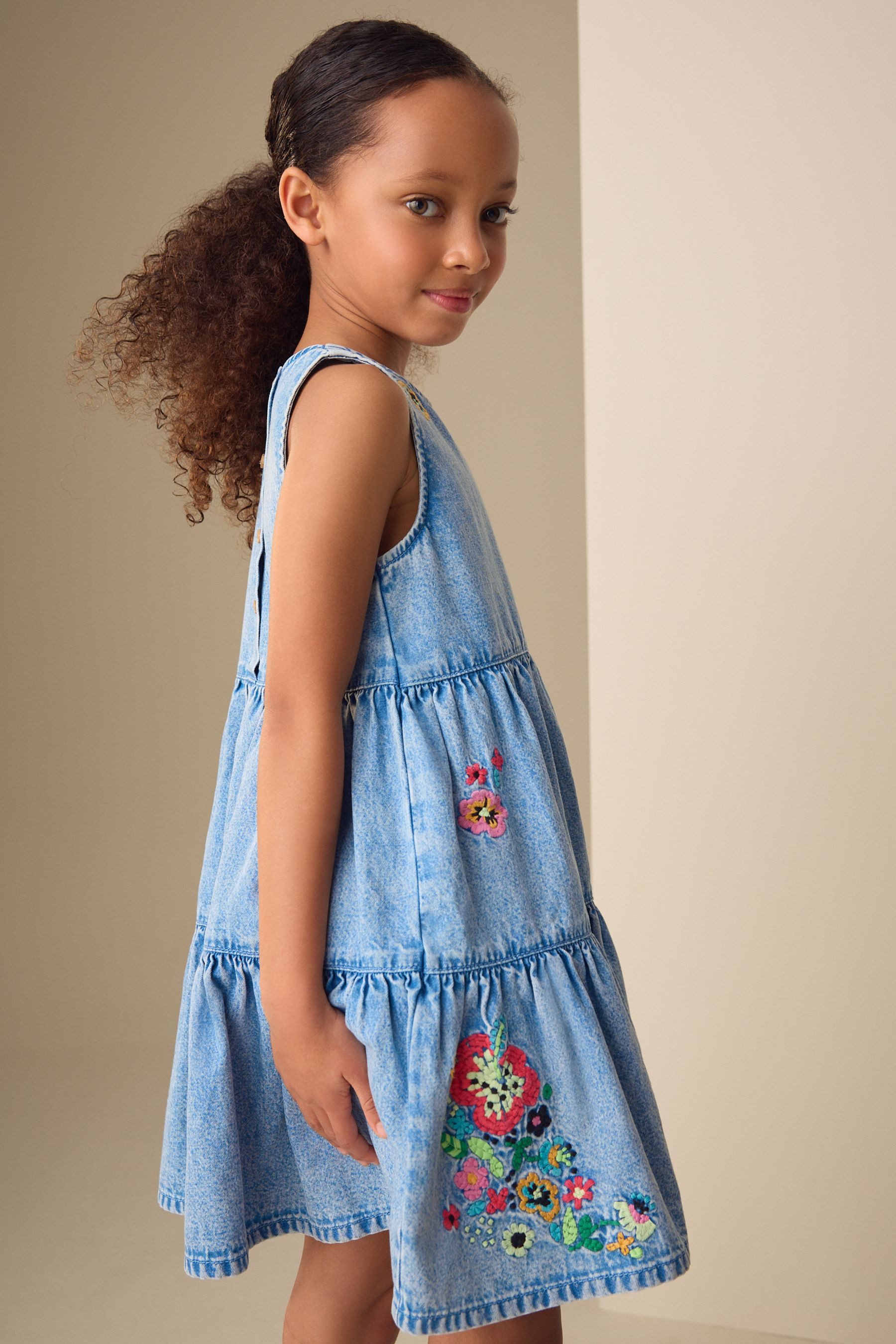 Next Jeanskleid Denim-Stufenkleid mit Stickereien (1-tlg)