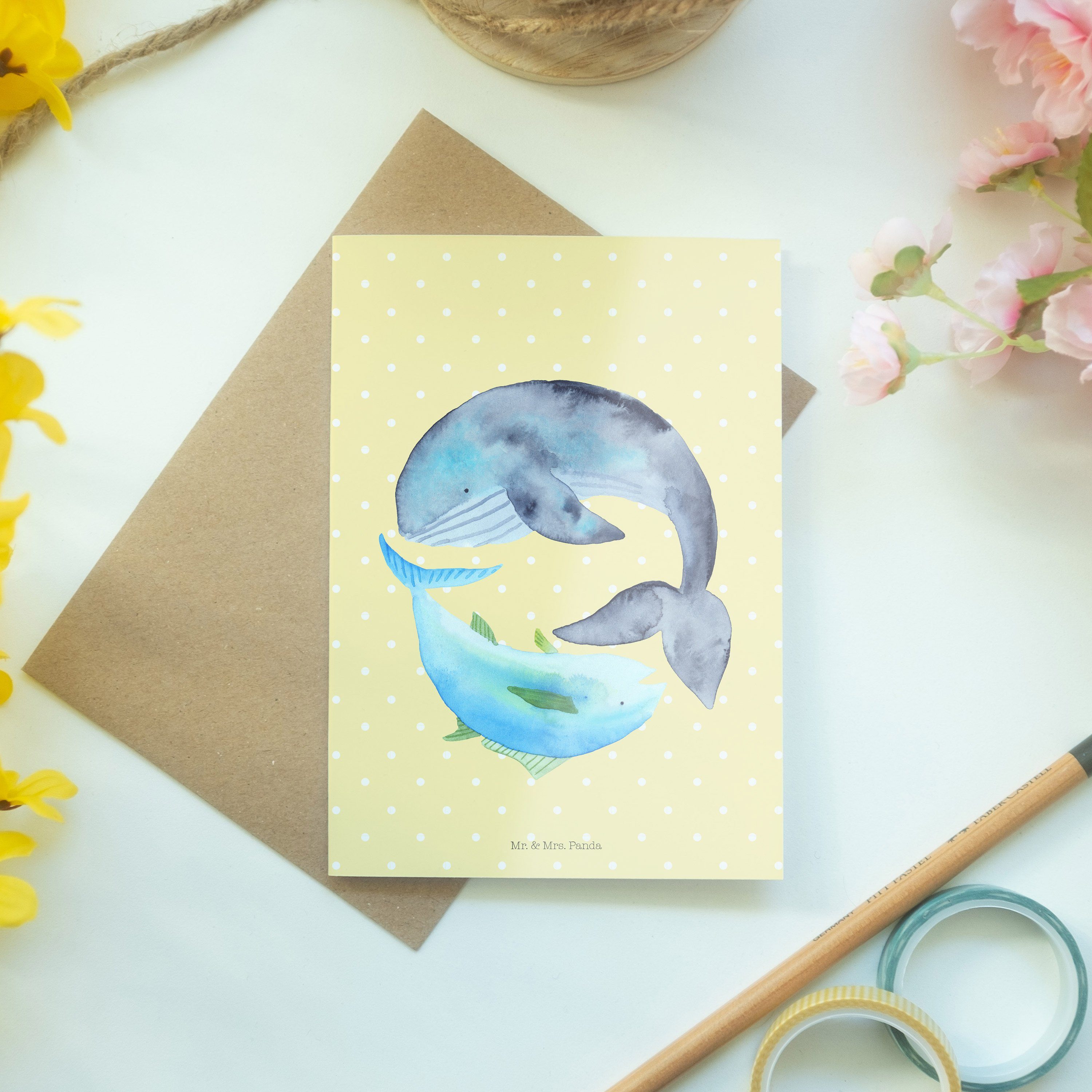 Panda Walfisch Hochzeitskarte, Pastell - & - & Mrs. Mr. Gelb Thunfisch Geschenk, Grußkarte Spruc