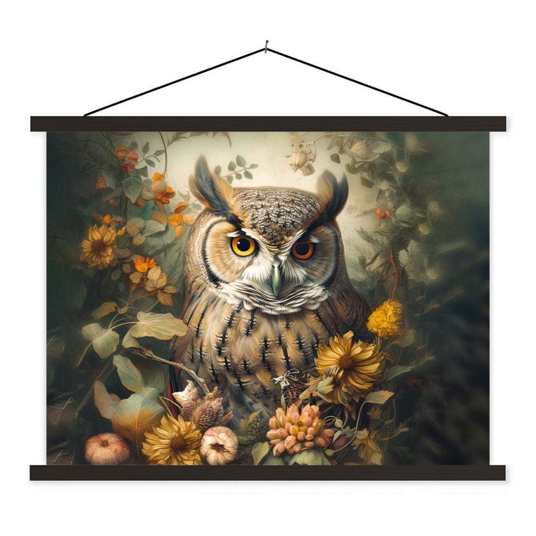 Poster Eule - Vögel - Blumen - Natur