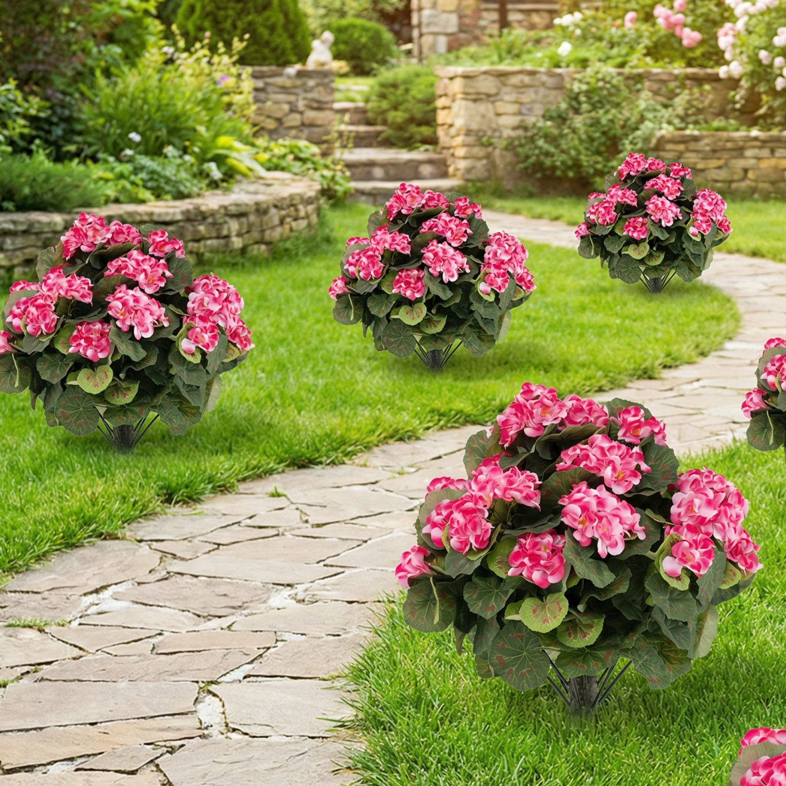 Kunstpflanze Geranien, COSTWAY, Höhe 33 cm, Mit realistischer PE-Stamm & Aluminiumlegierung-Erdspieß