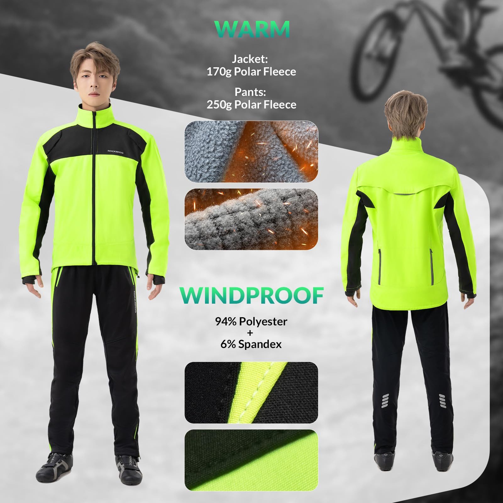 ROCKBROS Fahrradjacke Fahrrad Jacke + Hose Set Winter Thermo Fahrradbekleidung (1-St) Hohe Sichtbarkeit Winddicht, für Radfahren, Klettern, Wandern