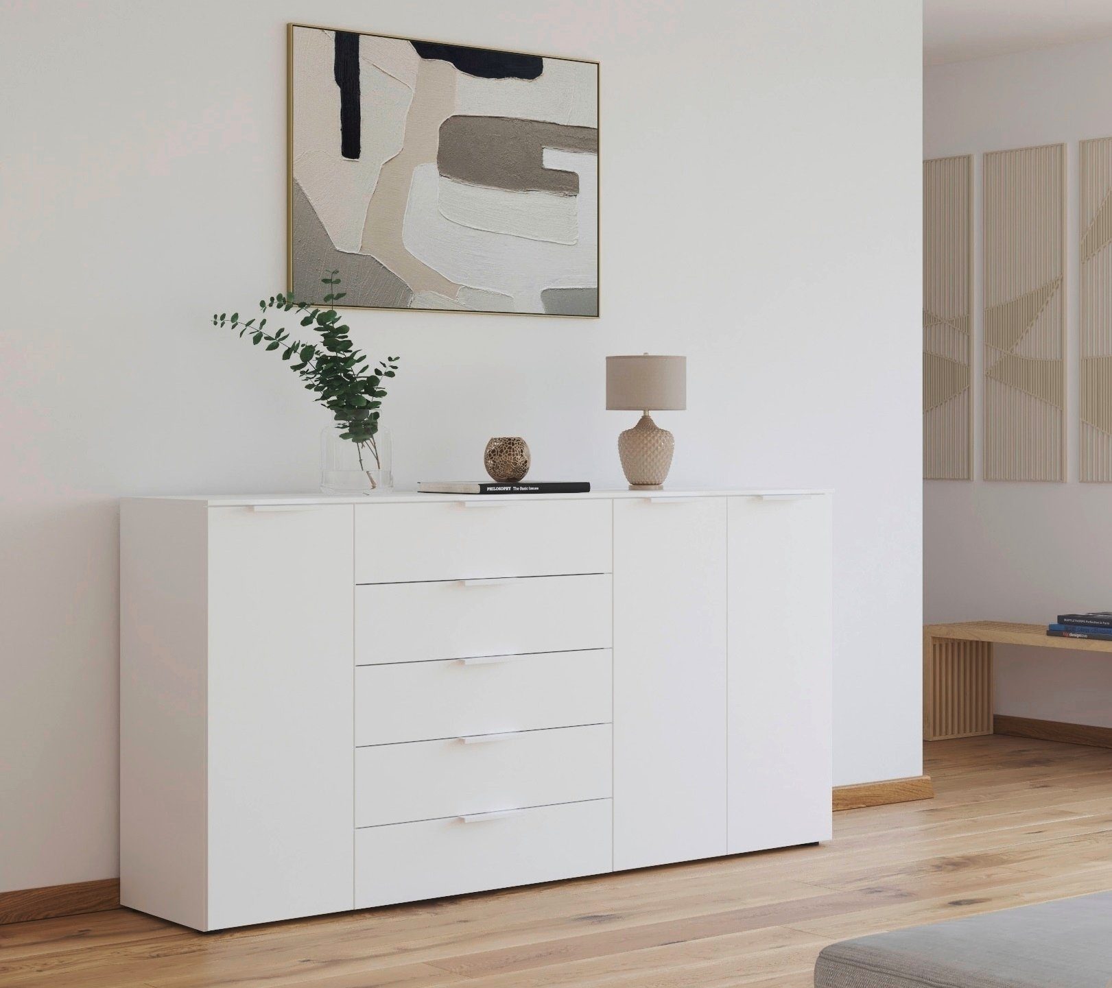 rauch Schubkastenkommode Kommode Türkommode Sideboard Kombikommode FLIPP (Breite 200 cm mit 4 Einlegeböden), 3-türig mit 5 Schubladen und Soft-Close-Funktion