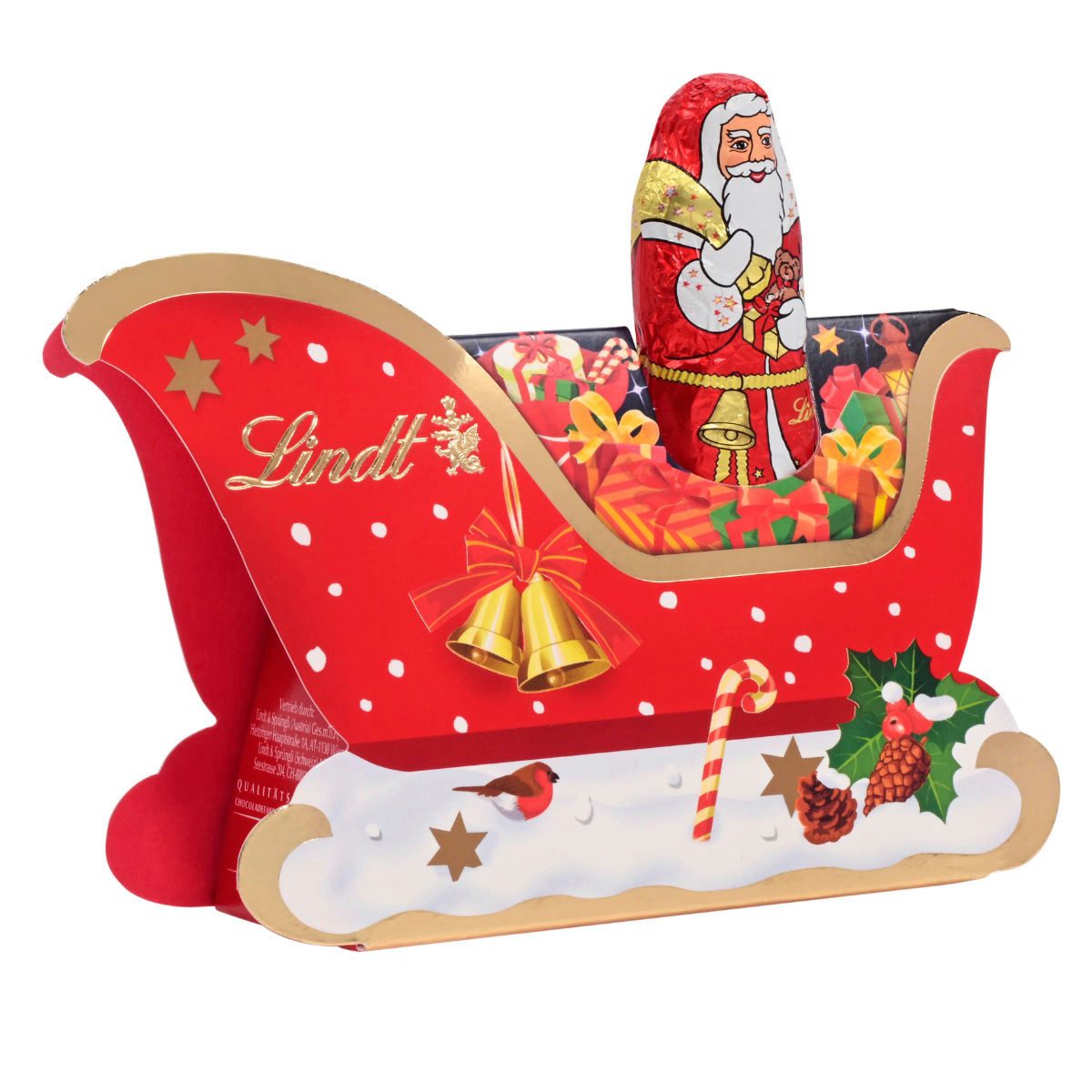 LINDT Schokolade, Lindt Mini Santa im Schlitten Schokoladenfigur mit Schlitten 60g