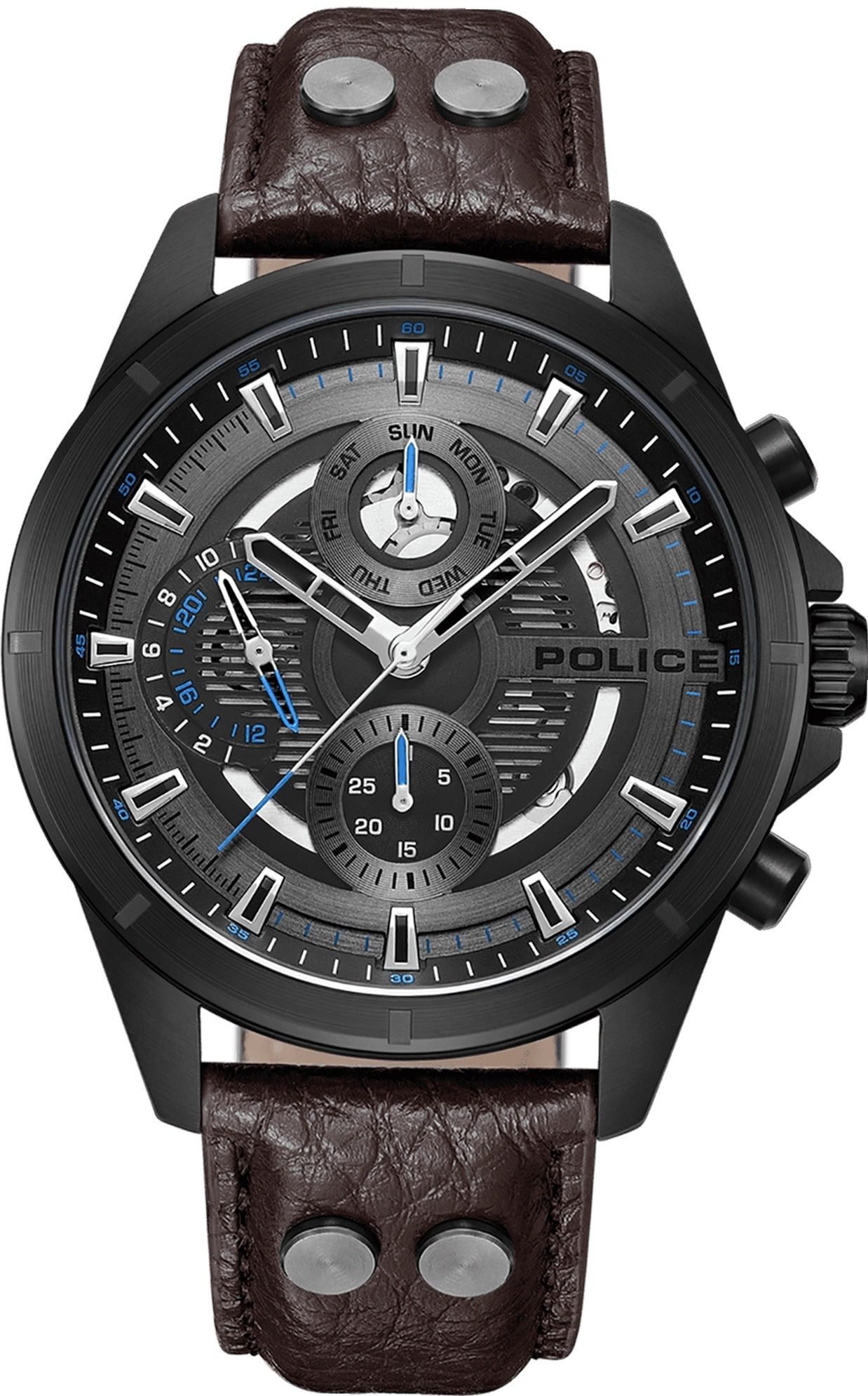Chronograph Police Herrenuhr Leder dunkelbraun
