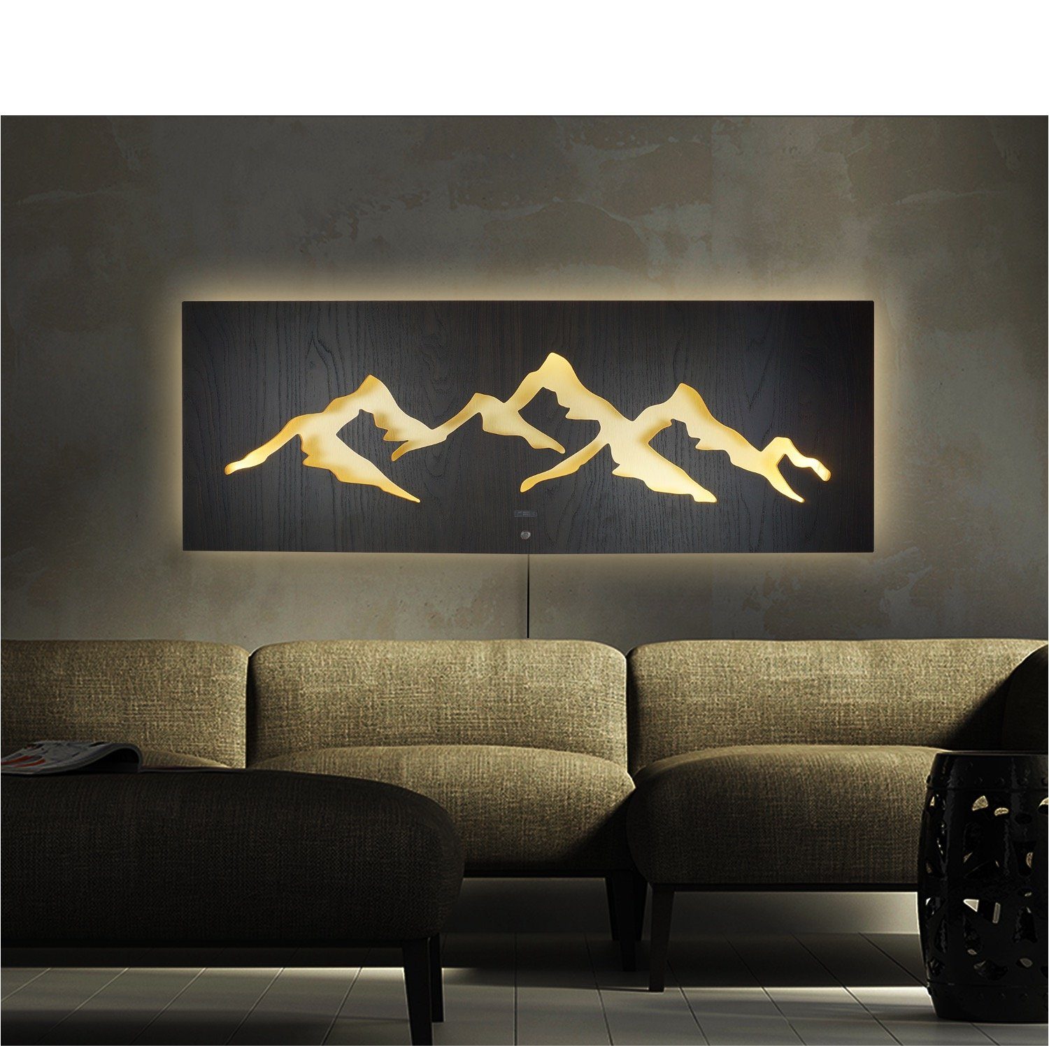 Doppelplatte ZENLED Holz Wanddekoobjekt und auf Natur LEDs GOLD WALNUSS dimmbaren Deko Berge hinterleuchtete - 3D-Lichteffekt, ALU Metall MONTAGNA mit aus mit SCHWARZ 110x40cm Landschaft