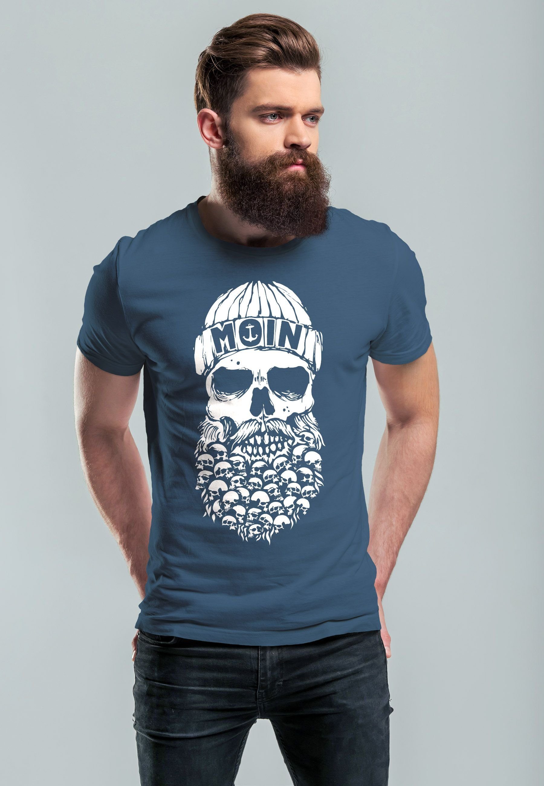Herren Nordisch blue Hamburg Anker Moin Print-Shirt Dialekt Neverless Fas mit Totenkopf denim Skull Print T-Shirt