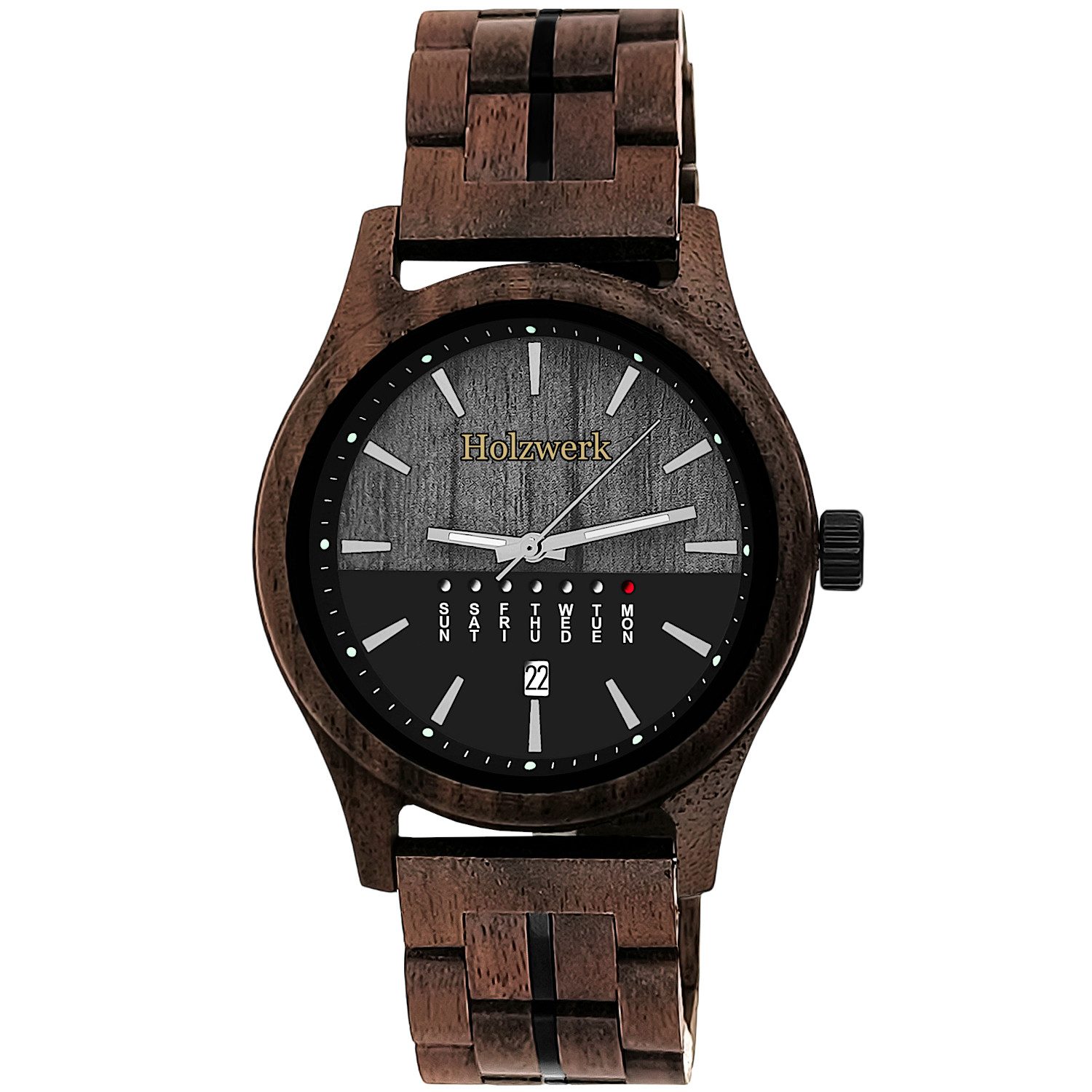 Holzwerk Quarzuhr KÖLN Designer Holz Armbanduhr mit Datumsanzeige in braun, günstig online kaufen