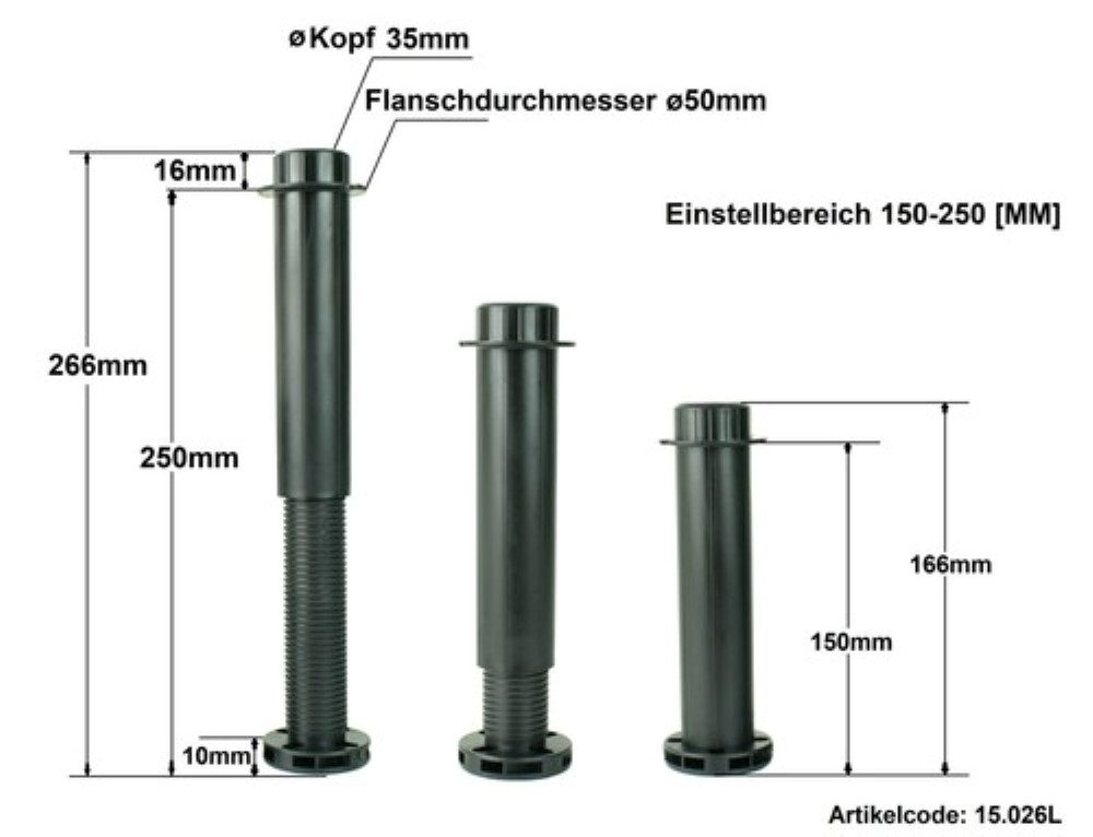 Prima-Online Möbelfuß Möbelfuß verstellbar 150 bis 250 mm Stützfuß Bettfuß – Bild 2 von 4