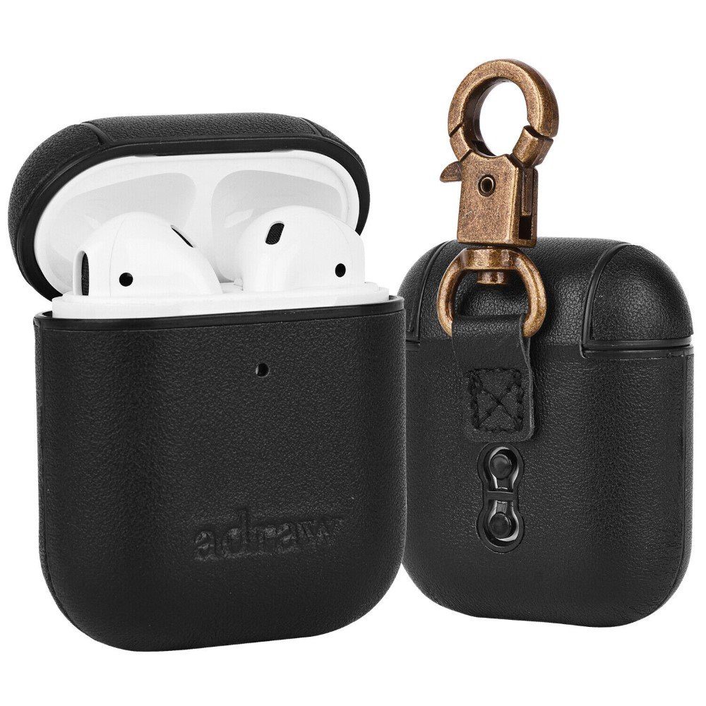 adraw Kopfhörer-Schutzhülle Leder AirPods Hülle: Schutzhülle für AirPods 1 & 2 - Schwarz, Schutzhülle aus Echtleder für AirPods, leicht und bequem tragbar.