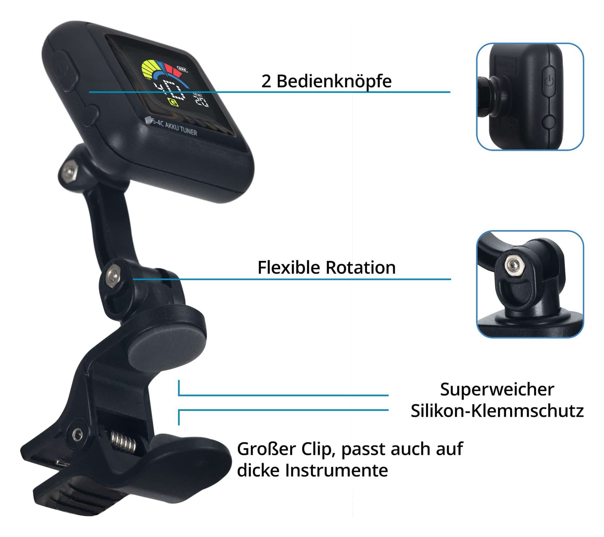 Rocktile Stimmgerät 5-4C AKKU Clip Tuner, (inkl. USB-Ladekabel, 2-tlg), mit integriertem Akku - geeignet für Gitarre, Bass, Ukulele & Violine – Bild 4 von 5