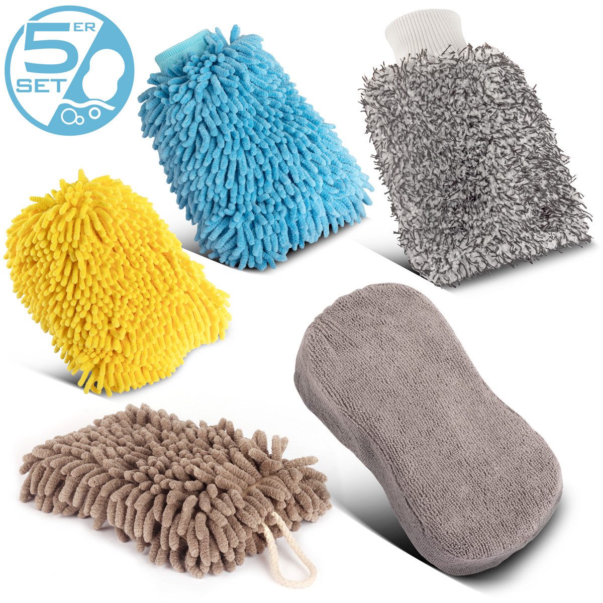 STAHLWERK Autowaschbürste Autowaschhandschuh 5er Set Reinigungshandschuh Mikrofaser Schwamm, (Set, 5-tlg., Set), saugstark, waschmaschinenfest, strapazierfähig und schnelltrocknend