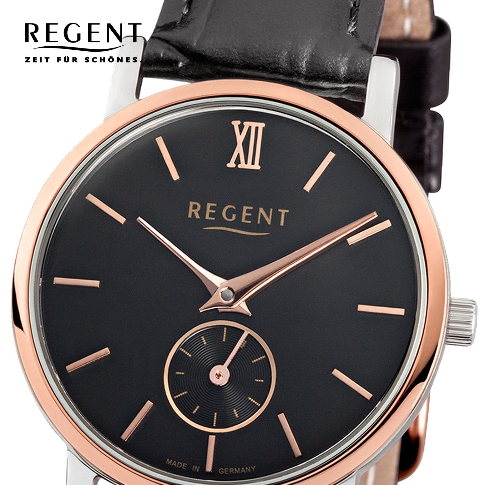 Regent Quarzuhr Regent (ca. rund, schwarz klein 27mm), Damen Lederarmband Armbanduhr Analog, Damen-Armbanduhr
