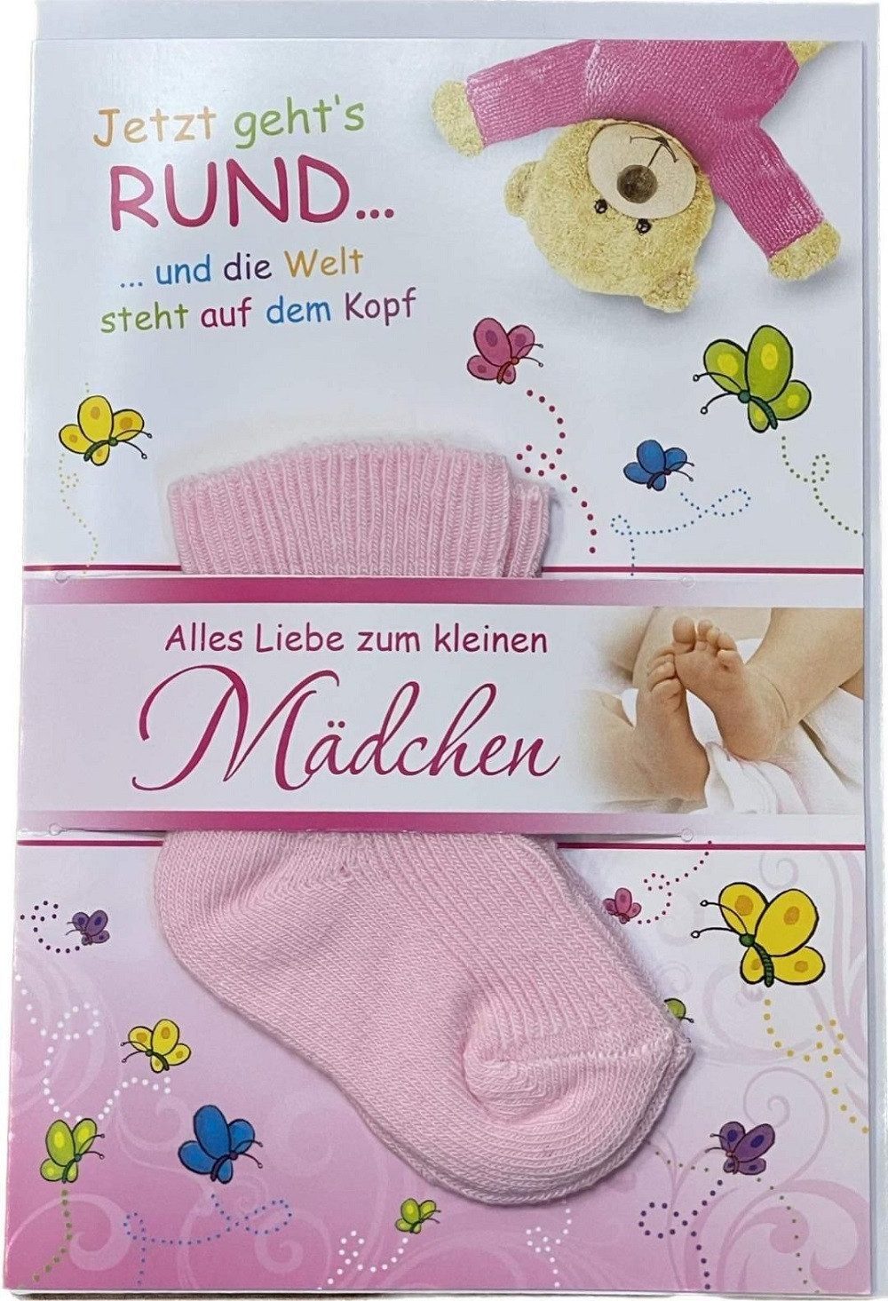 HOME FASHION Glückwunschkarte Geburt, Wilkommen Baby Mädchen - Paar rosa Socken - Grußkarten, Ideal als Geschenk